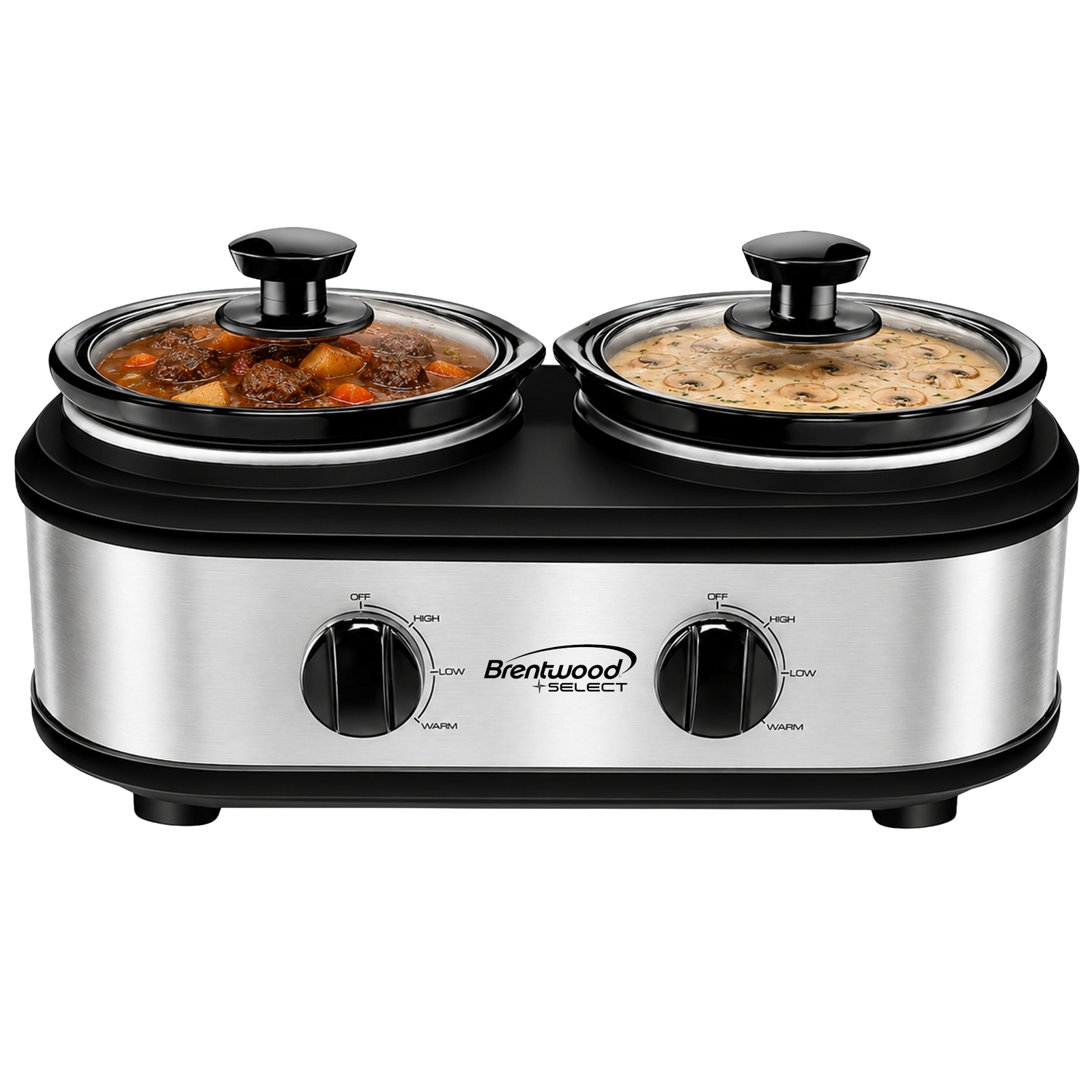 Coming Soon - Brentwood Select SC-2X125S Double Slow Cooker, Buffet Server, and Food Warmer, 2 x 1.25 Quart Pots, Adjustable Temperature, Tempered Glass Lids, Silver