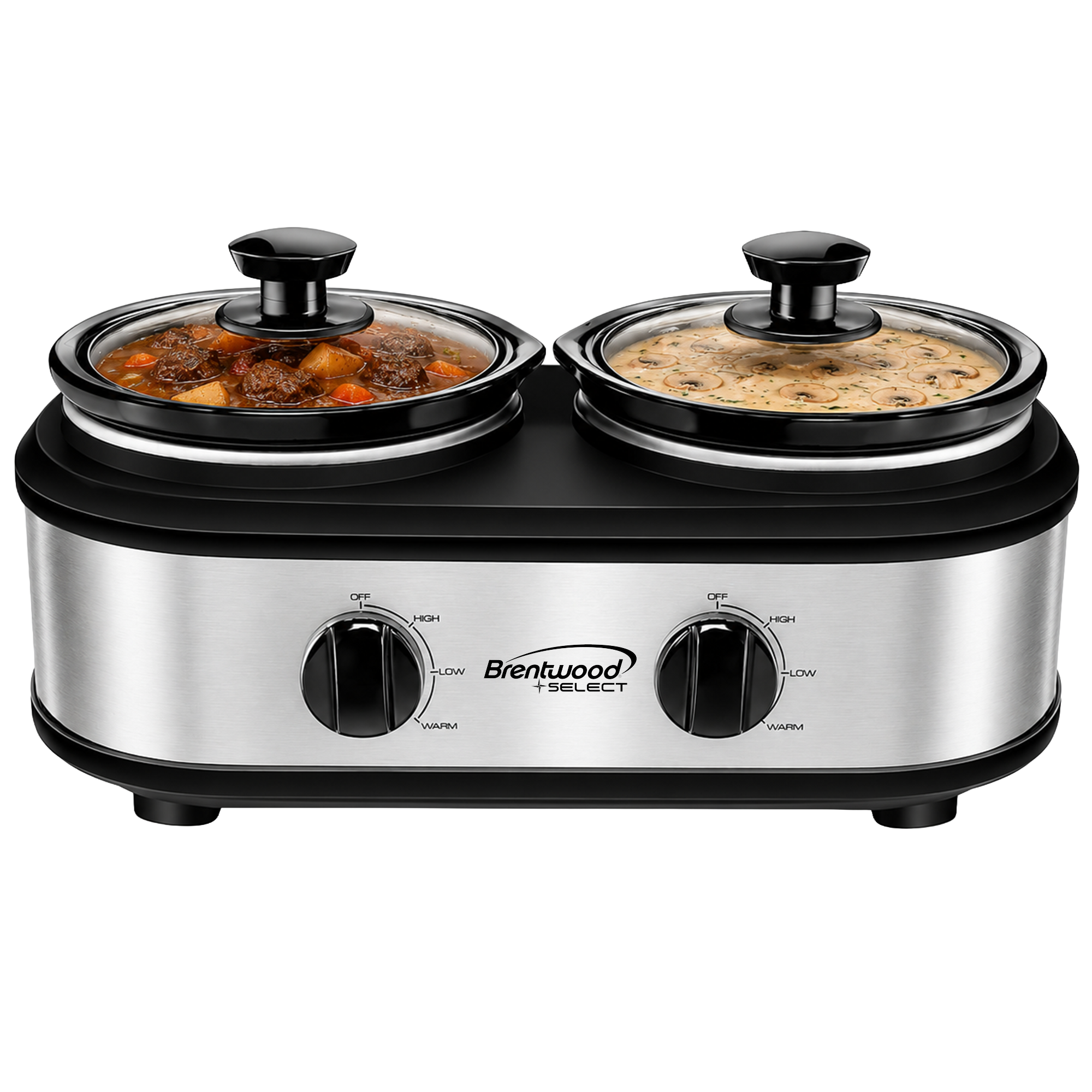 Coming Soon - Brentwood Select SC-2X125S Double Slow Cooker, Buffet Server, and Food Warmer, 2 x 1.25 Quart Pots, Adjustable Temperature, Tempered Glass Lids, Silver