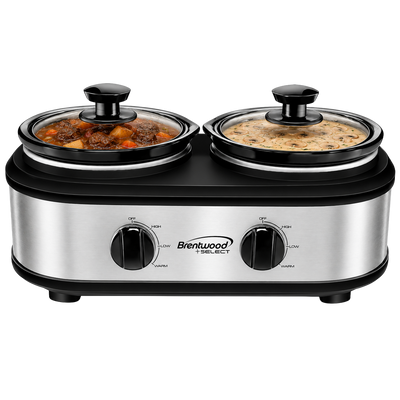 Coming Soon - Brentwood Select SC-2X125S Double Slow Cooker, Buffet Server, and Food Warmer, 2 x 1.25 Quart Pots, Adjustable Temperature, Tempered Glass Lids, Silver