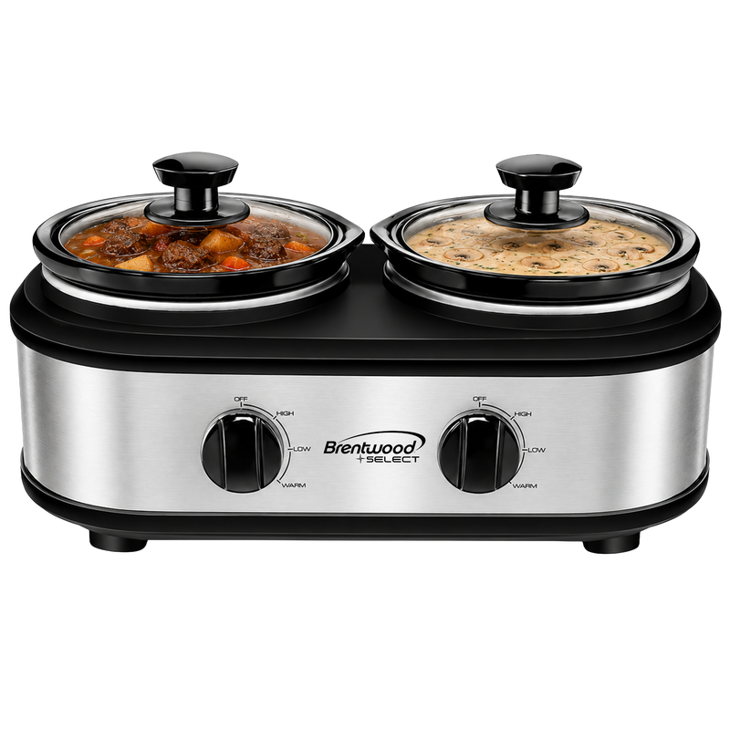 Coming Soon - Brentwood Select SC-2X125S Double Slow Cooker, Buffet Server, and Food Warmer, 2 x 1.25 Quart Pots, Adjustable Temperature, Tempered Glass Lids, Silver