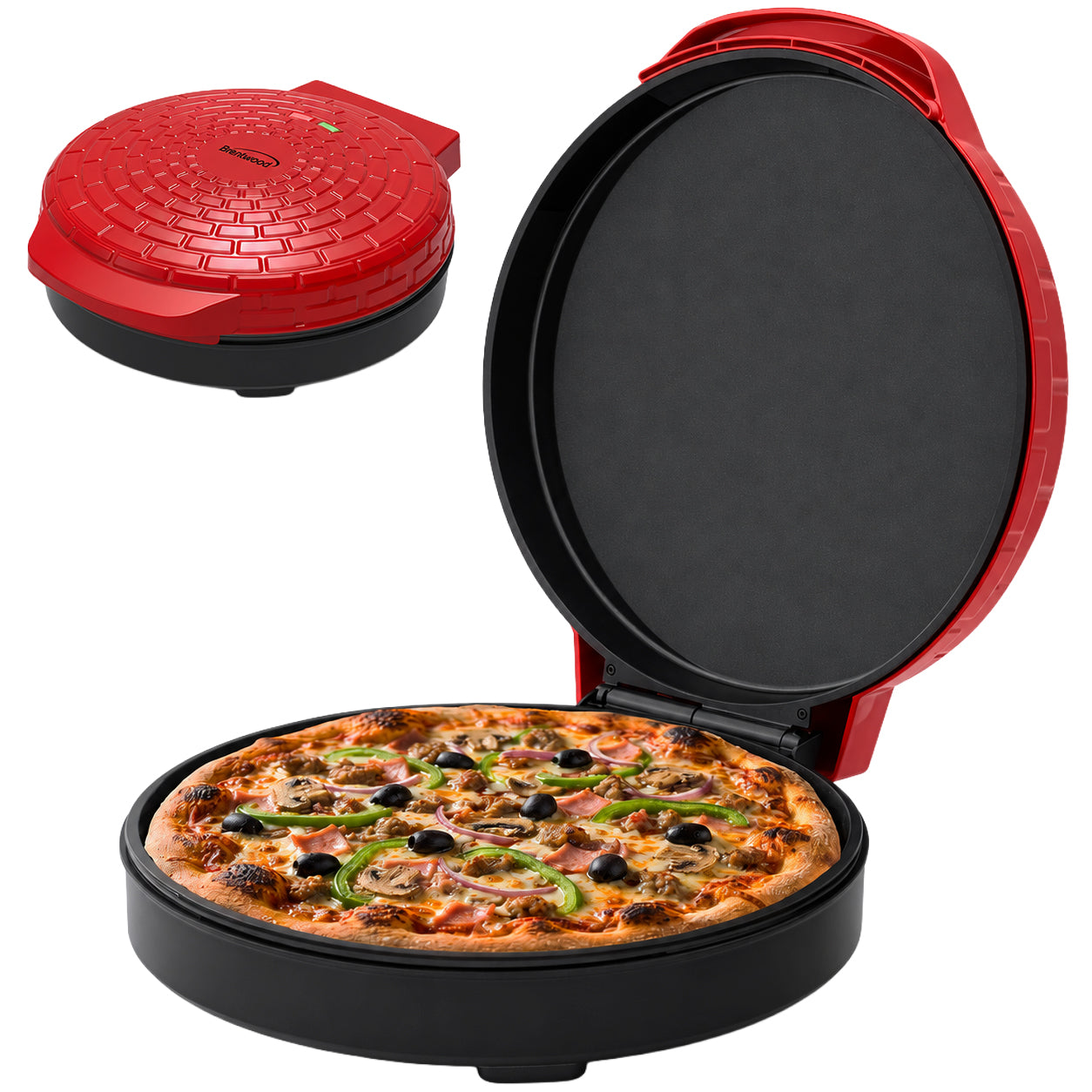 Coming Soon - Brentwood TS-123R 12-Inch Ceramic Non-Stick Pizza Maker and Griddle, Indicator Lights, Vertical Storage, Make Quesadillas, Omelets, Nachos, and More, Red
