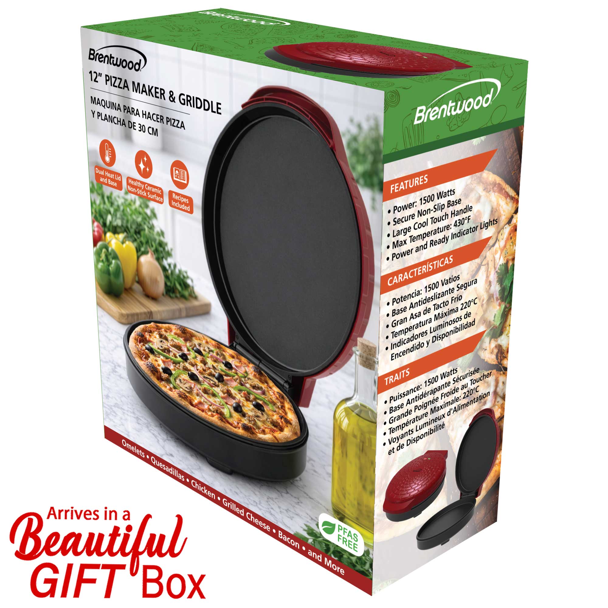 Coming Soon - Brentwood TS-123R 12-Inch Ceramic Non-Stick Pizza Maker and Griddle, Indicator Lights, Vertical Storage, Make Quesadillas, Omelets, Nachos, and More, Red
