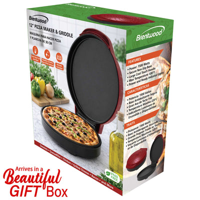 Coming Soon - Brentwood TS-123R 12-Inch Ceramic Non-Stick Pizza Maker and Griddle, Indicator Lights, Vertical Storage, Make Quesadillas, Omelets, Nachos, and More, Red