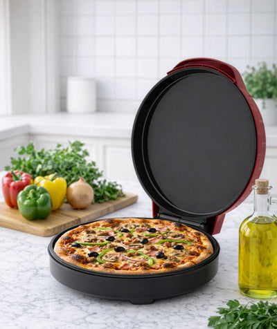 Coming Soon - Brentwood TS-123R 12-Inch Ceramic Non-Stick Pizza Maker and Griddle, Indicator Lights, Vertical Storage, Make Quesadillas, Omelets, Nachos, and More, Red