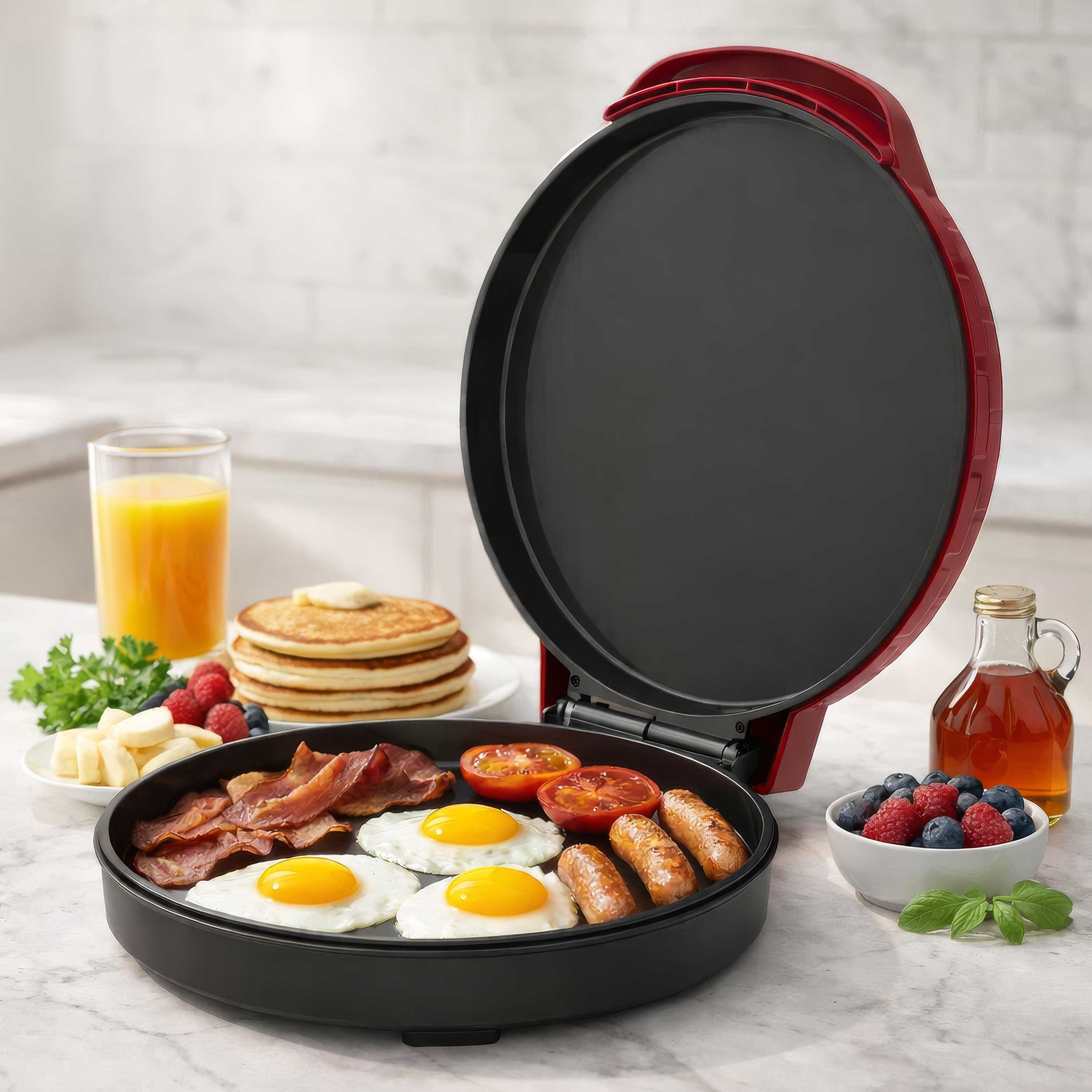 Coming Soon - Brentwood TS-123R 12-Inch Ceramic Non-Stick Pizza Maker and Griddle, Indicator Lights, Vertical Storage, Make Quesadillas, Omelets, Nachos, and More, Red
