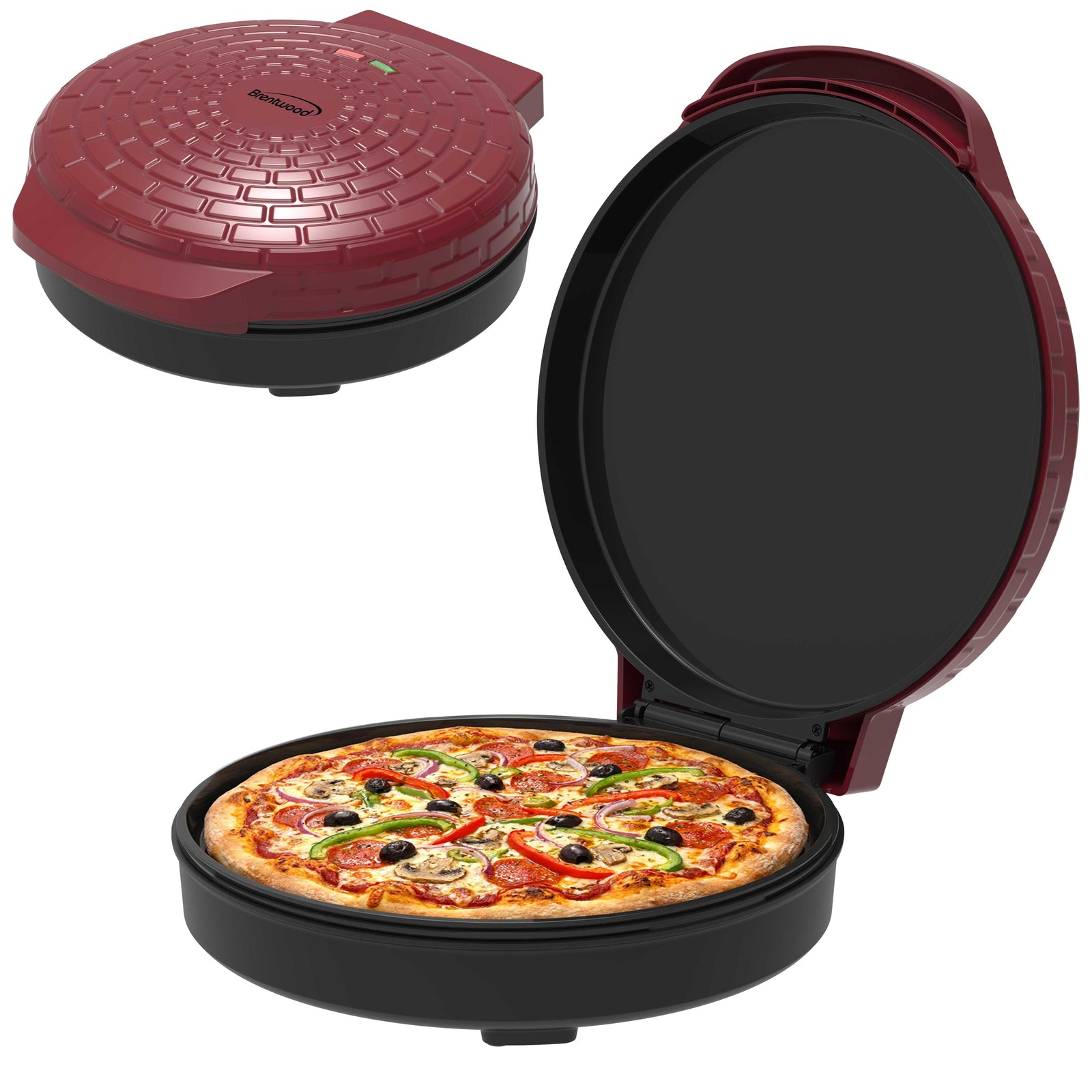 Coming Soon - Brentwood TS-123R 12-Inch Ceramic Non-Stick Pizza Maker and Griddle, Indicator Lights, Vertical Storage, Make Quesadillas, Omelets, Nachos, and More, Red