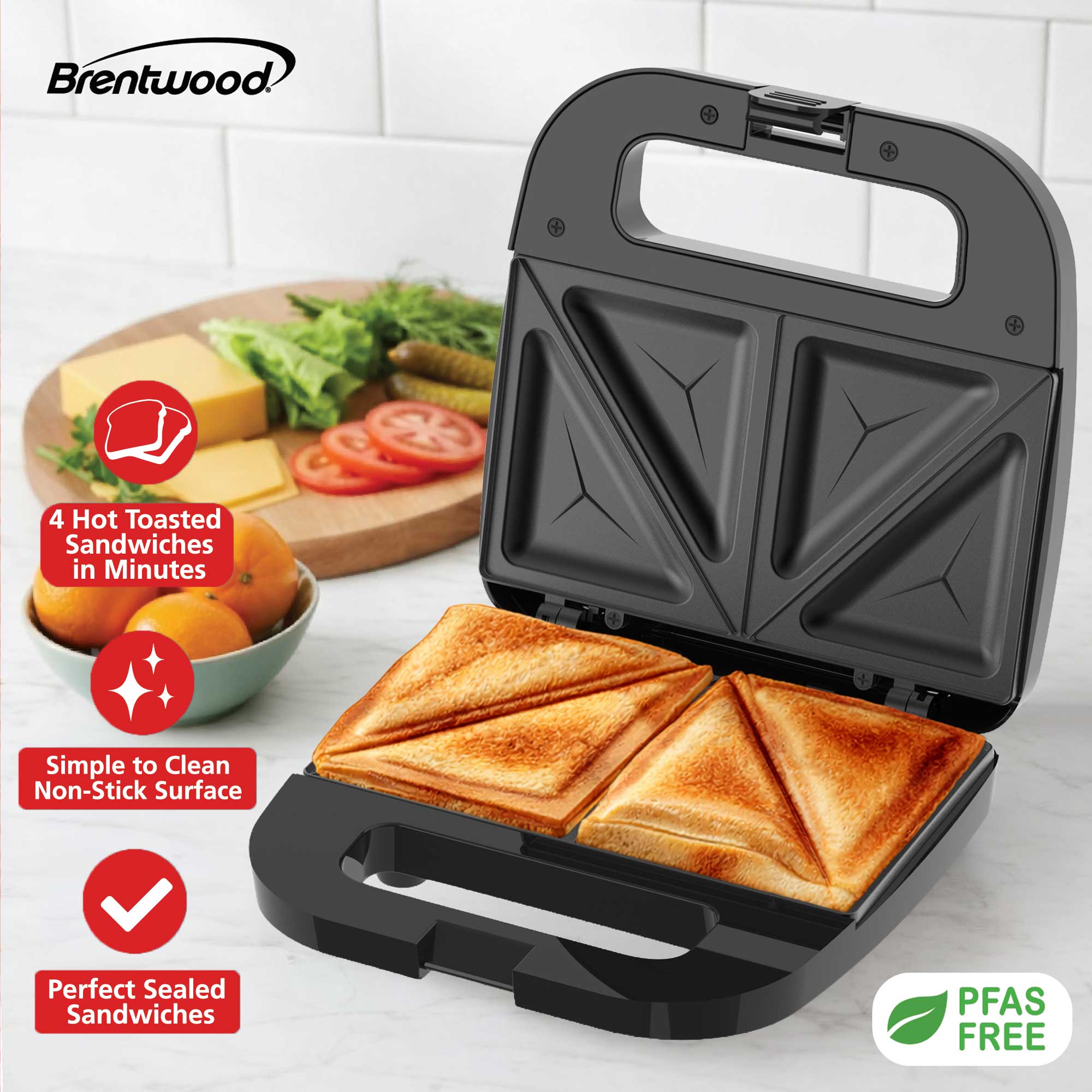 Coming Soon - Brentwood TS-241BK Electric Sealed Sandwich Maker Grill with PFAS-Free Nonstick Plates, Makes Stuffed French Toast, Omelets, Compact & Easy to Store, Black