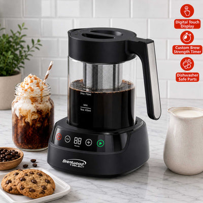 Coming Soon - Brentwood Select TS-406DBK 24oz Rapid Cold Brew Coffee and Iced Tea Maker with Digital Touch Display, Dishwasher Safe Glass Pitcher, and Stainless Steel Filter, Black
