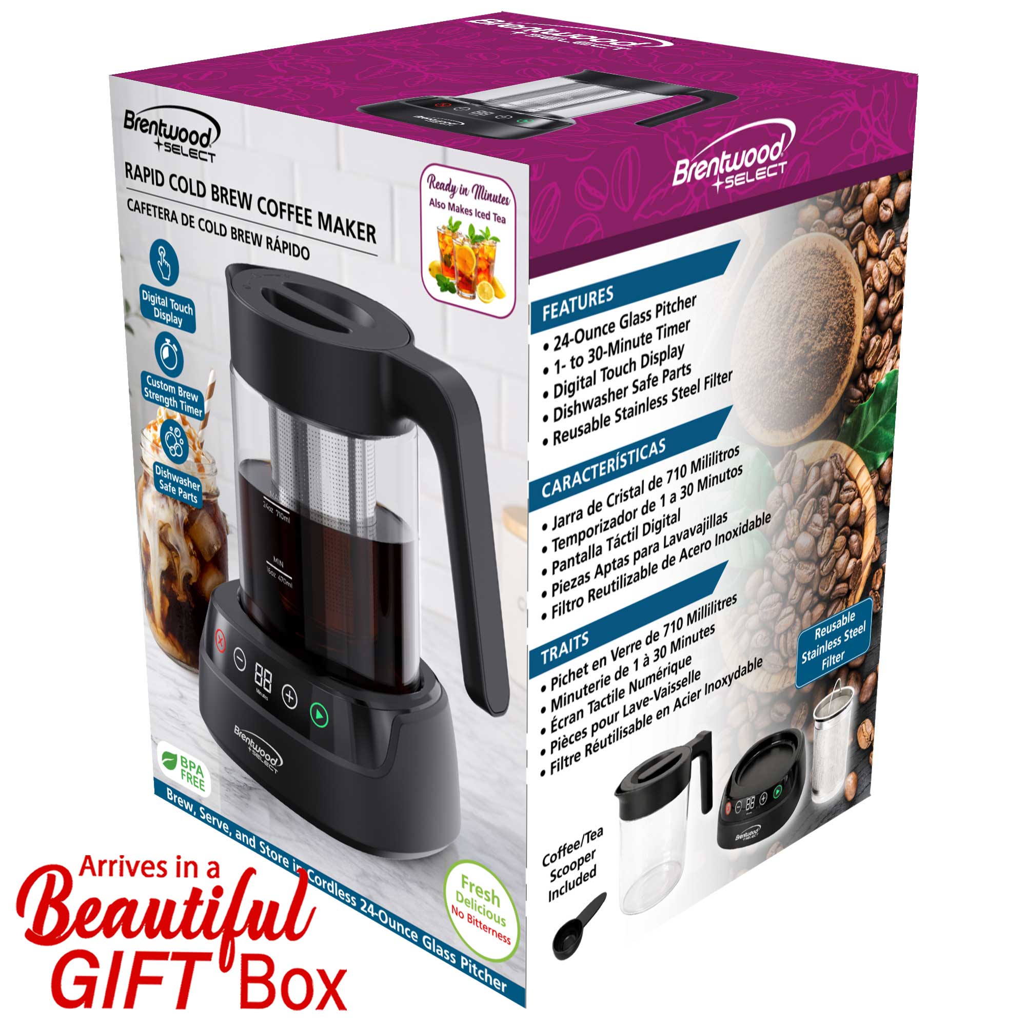 Coming Soon - Brentwood Select TS-406DBK 24oz Rapid Cold Brew Coffee and Iced Tea Maker with Digital Touch Display, Dishwasher Safe Glass Pitcher, and Stainless Steel Filter, Black