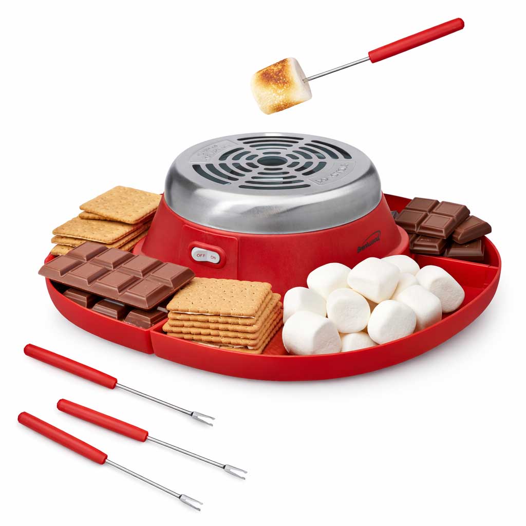 Brentwood TS-608R Indoor Electric Stainless Steel S’mores Maker with 4 Trays and 2 Roasting Forks, Red