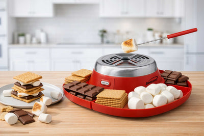Brentwood TS-608R Indoor Electric Stainless Steel S’mores Maker with 4 Trays and 2 Roasting Forks, Red