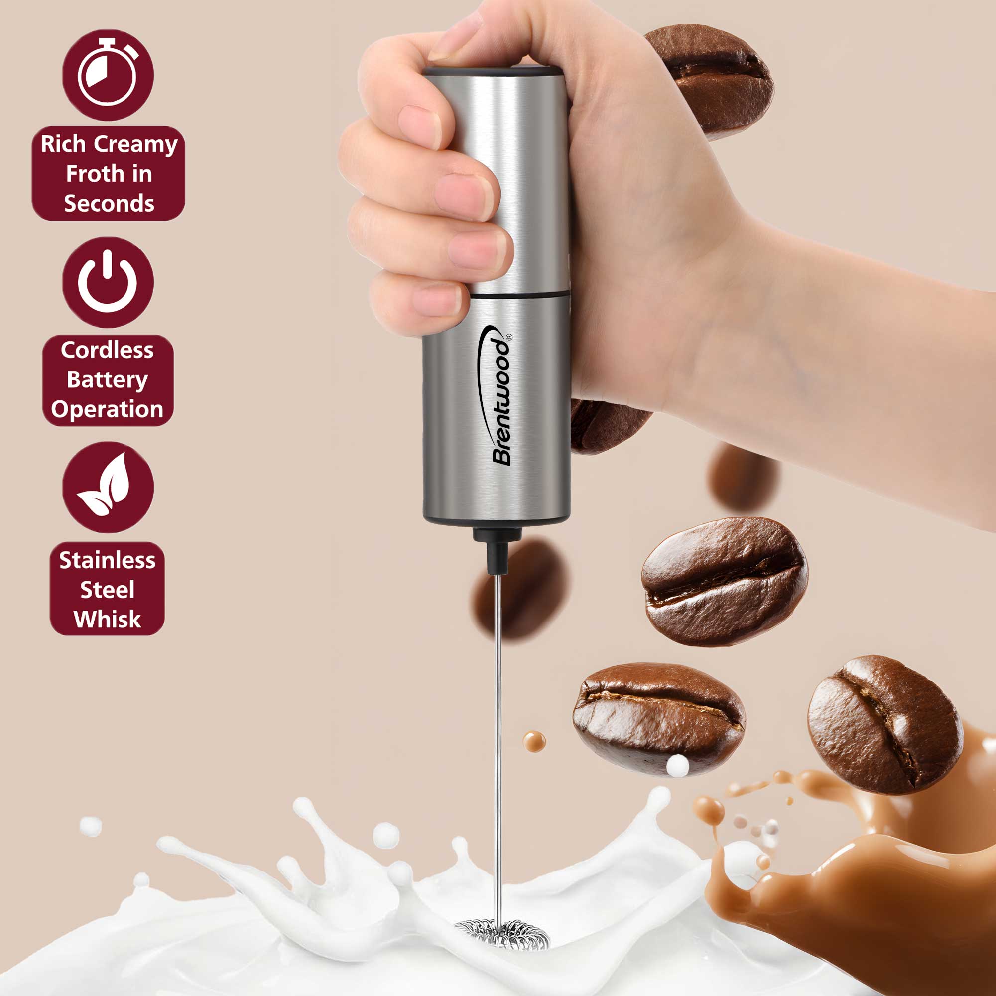 Brentwood GA-103S Powerful Battery Operated Electric Milk Frother and Drink Mixer with Stainless Steel Whisk, Stainless Steel