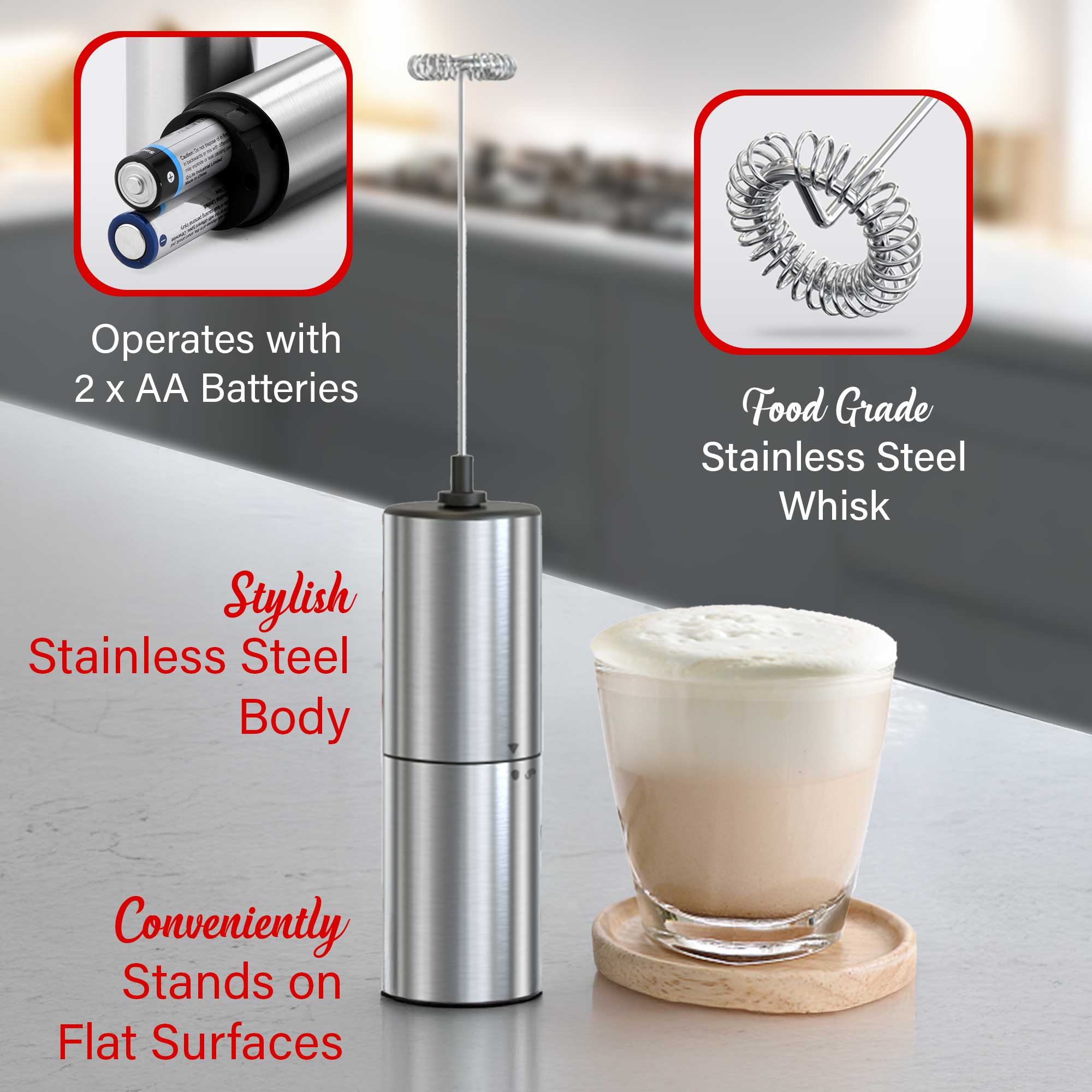 Brentwood GA-103S Powerful Battery Operated Electric Milk Frother and Drink Mixer with Stainless Steel Whisk, Stainless Steel