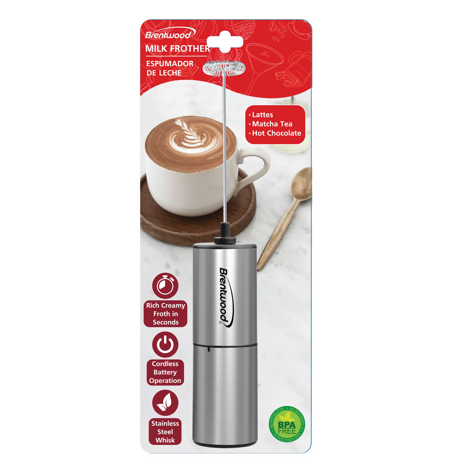 Brentwood GA-103S Powerful Battery Operated Electric Milk Frother and Drink Mixer with Stainless Steel Whisk, Stainless Steel