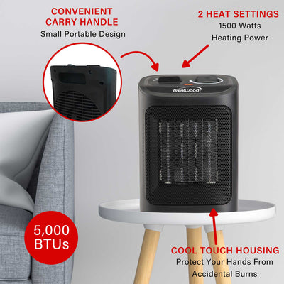 Brentwood H-C1603BK 1500-Watt Portable Ceramic Space Heater and Fan, Black