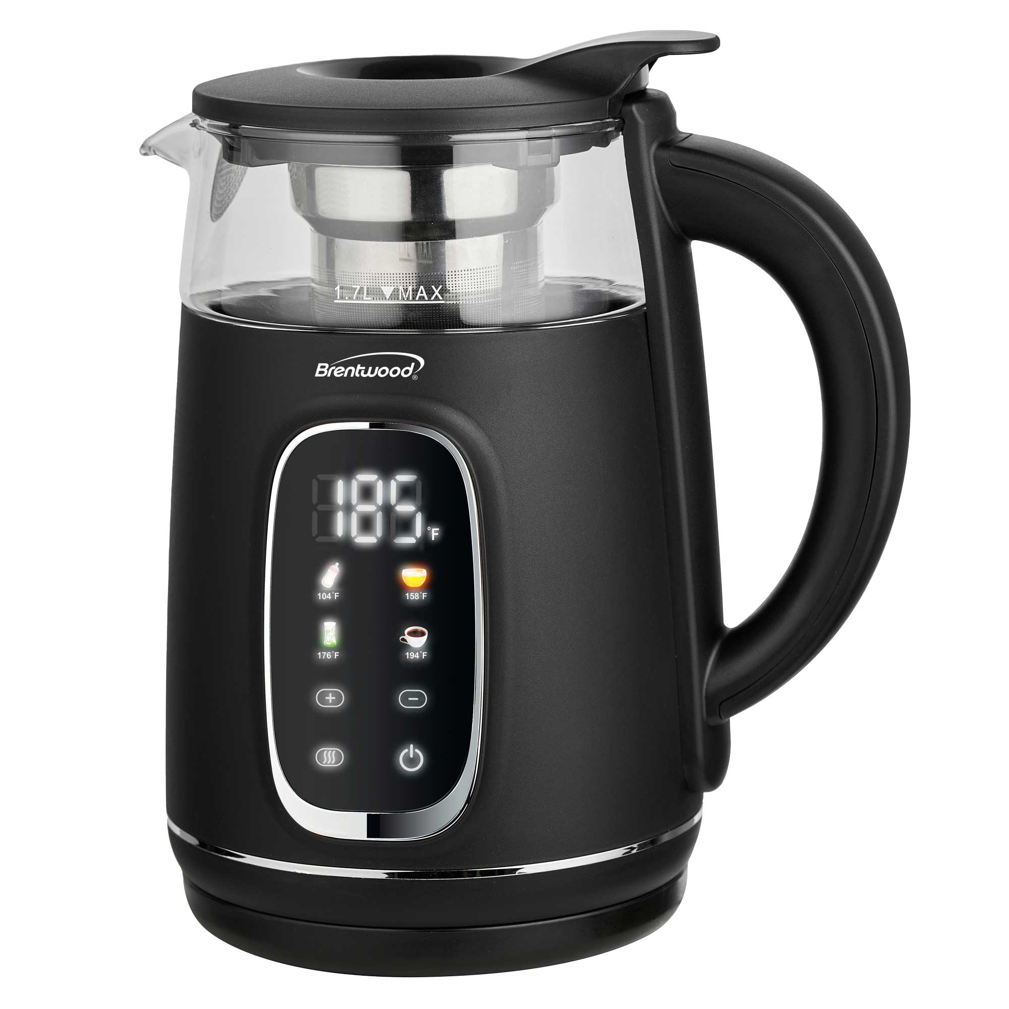 Brentwood KT-2018BK 1100W 1.7L BPA Free Cordless Digital Glass Electric Kettle with Tea Infuser, 360° Base, Auto Shut-Off, Keep Warm, Boil Dry Protection, and Temperature Control with 4 Presets, Black