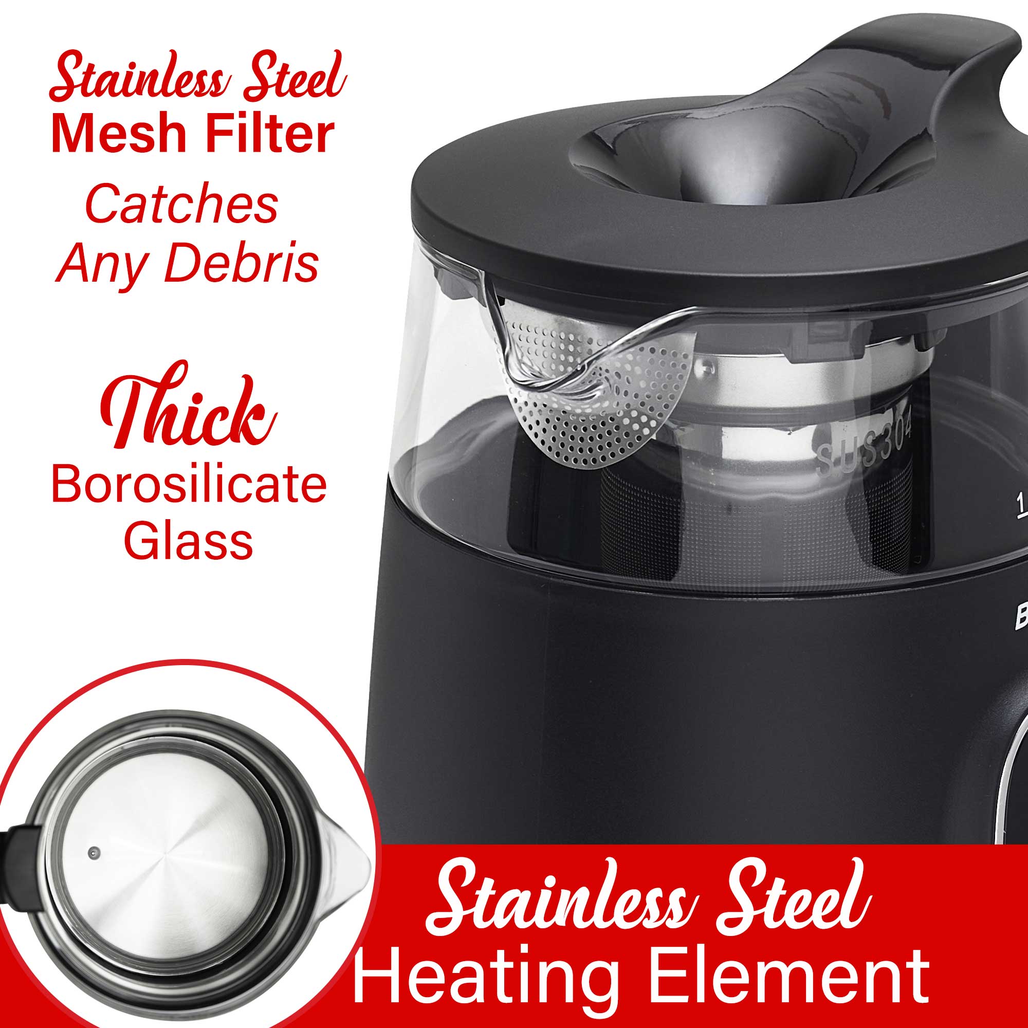 Brentwood KT-2018BK 1100W 1.7L BPA Free Cordless Digital Glass Electric Kettle with Tea Infuser, 360° Base, Auto Shut-Off, Keep Warm, Boil Dry Protection, and Temperature Control with 4 Presets, Black