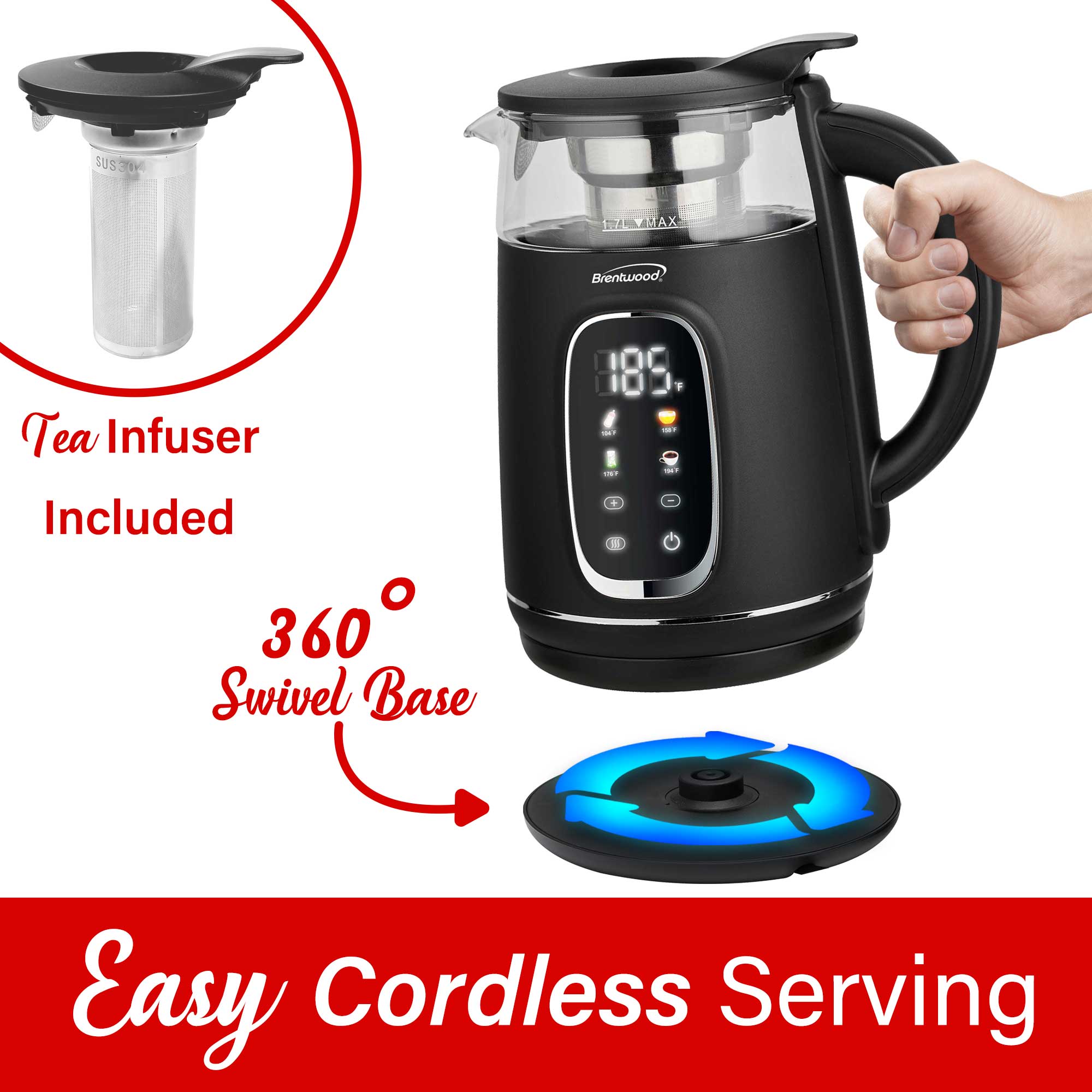 Brentwood KT-2018BK 1100W 1.7L BPA Free Cordless Digital Glass Electric Kettle with Tea Infuser, 360° Base, Auto Shut-Off, Keep Warm, Boil Dry Protection, and Temperature Control with 4 Presets, Black