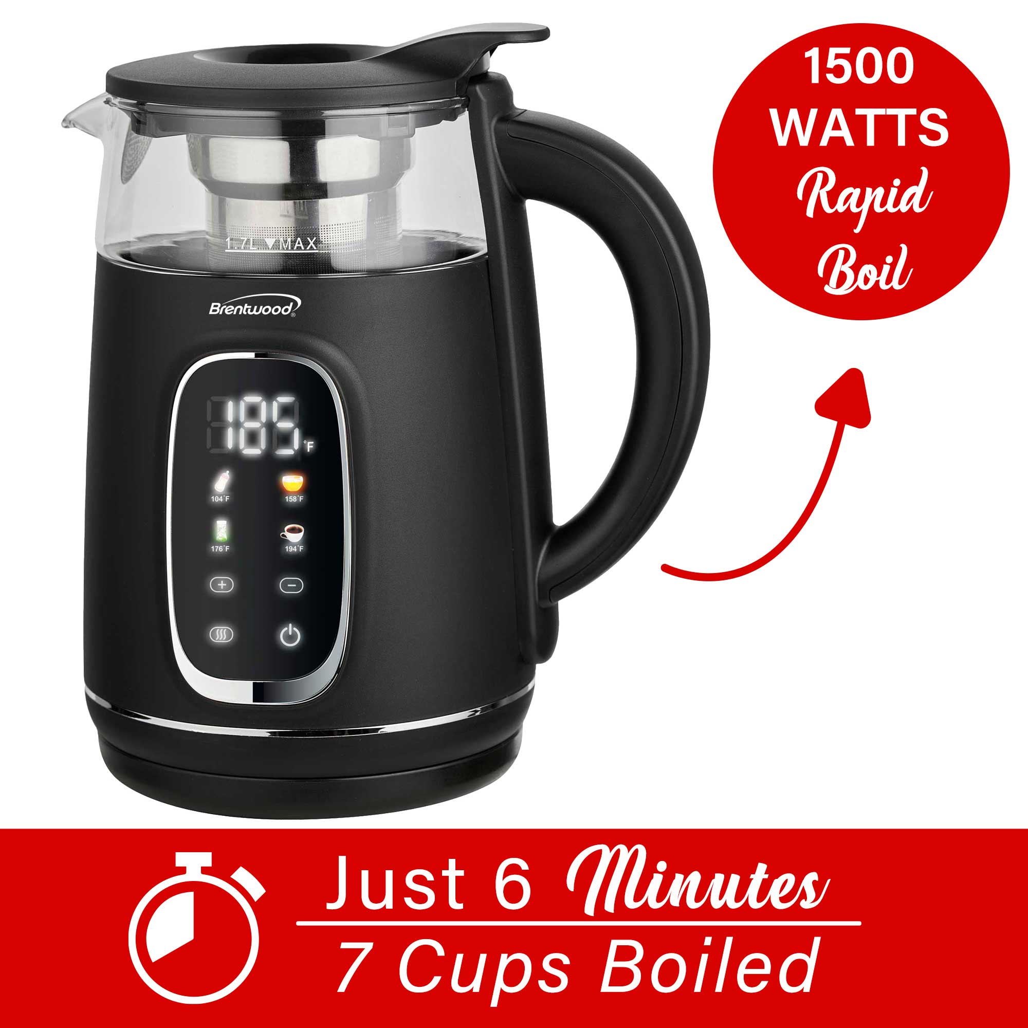 Brentwood KT-2018BK 1100W 1.7L BPA Free Cordless Digital Glass Electric Kettle with Tea Infuser, 360° Base, Auto Shut-Off, Keep Warm, Boil Dry Protection, and Temperature Control with 4 Presets, Black