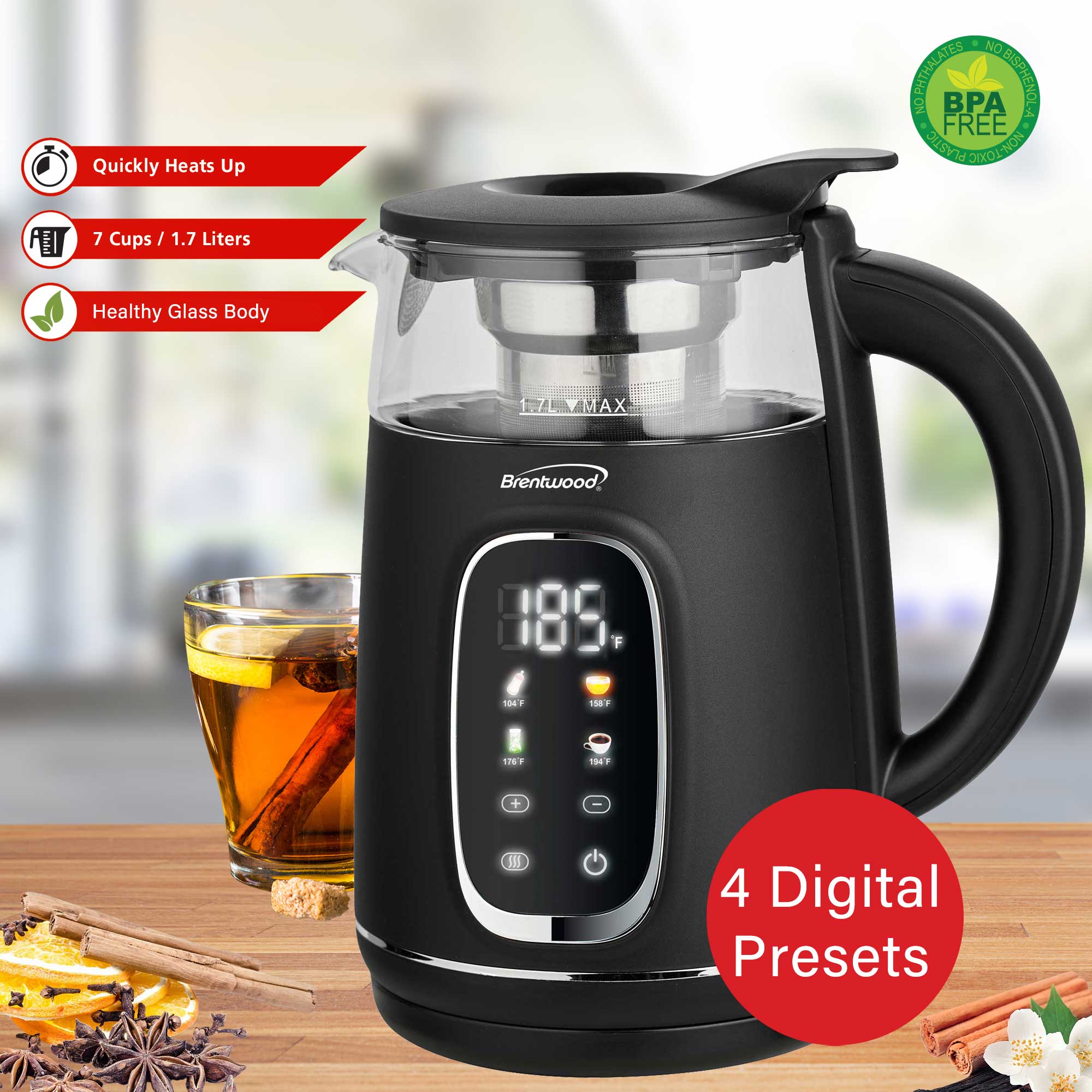 Brentwood KT-2018BK 1100W 1.7L BPA Free Cordless Digital Glass Electric Kettle with Tea Infuser, 360° Base, Auto Shut-Off, Keep Warm, Boil Dry Protection, and Temperature Control with 4 Presets, Black