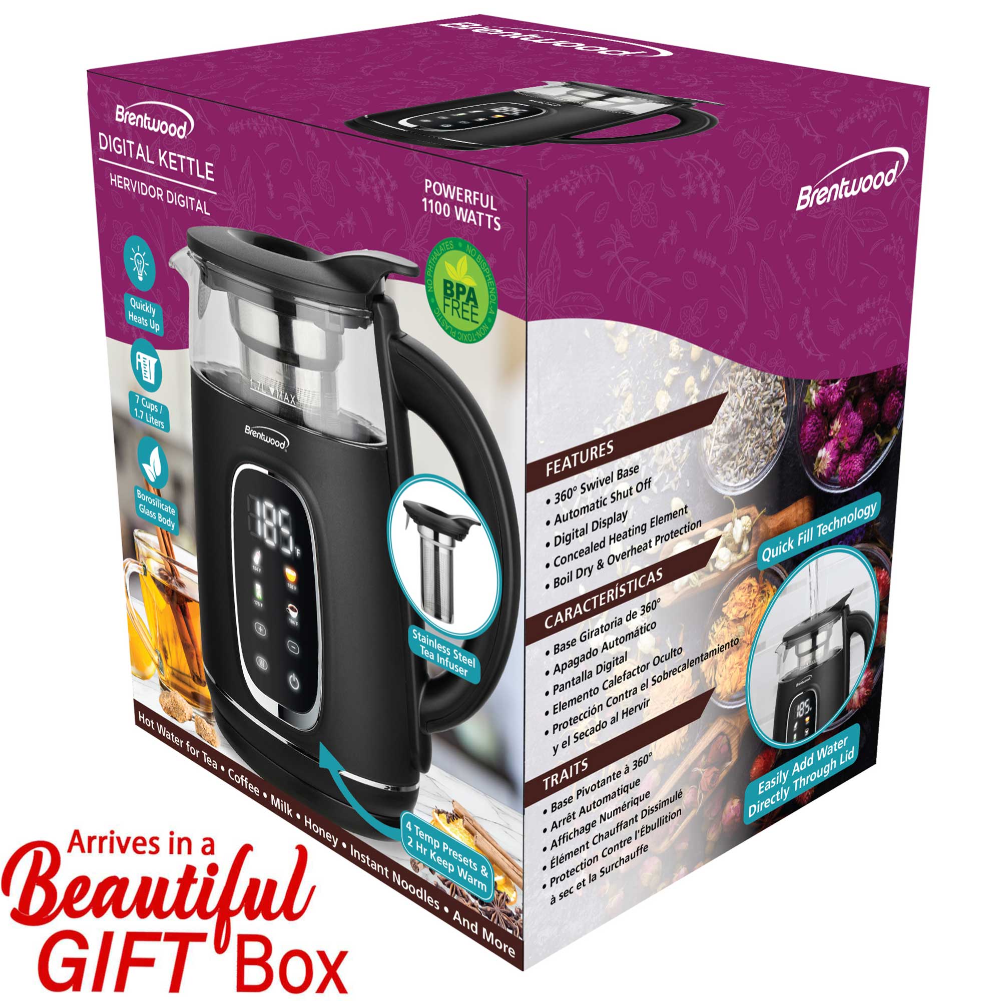 Brentwood KT-2018BK 1100W 1.7L BPA Free Cordless Digital Glass Electric Kettle with Tea Infuser, 360° Base, Auto Shut-Off, Keep Warm, Boil Dry Protection, and Temperature Control with 4 Presets, Black