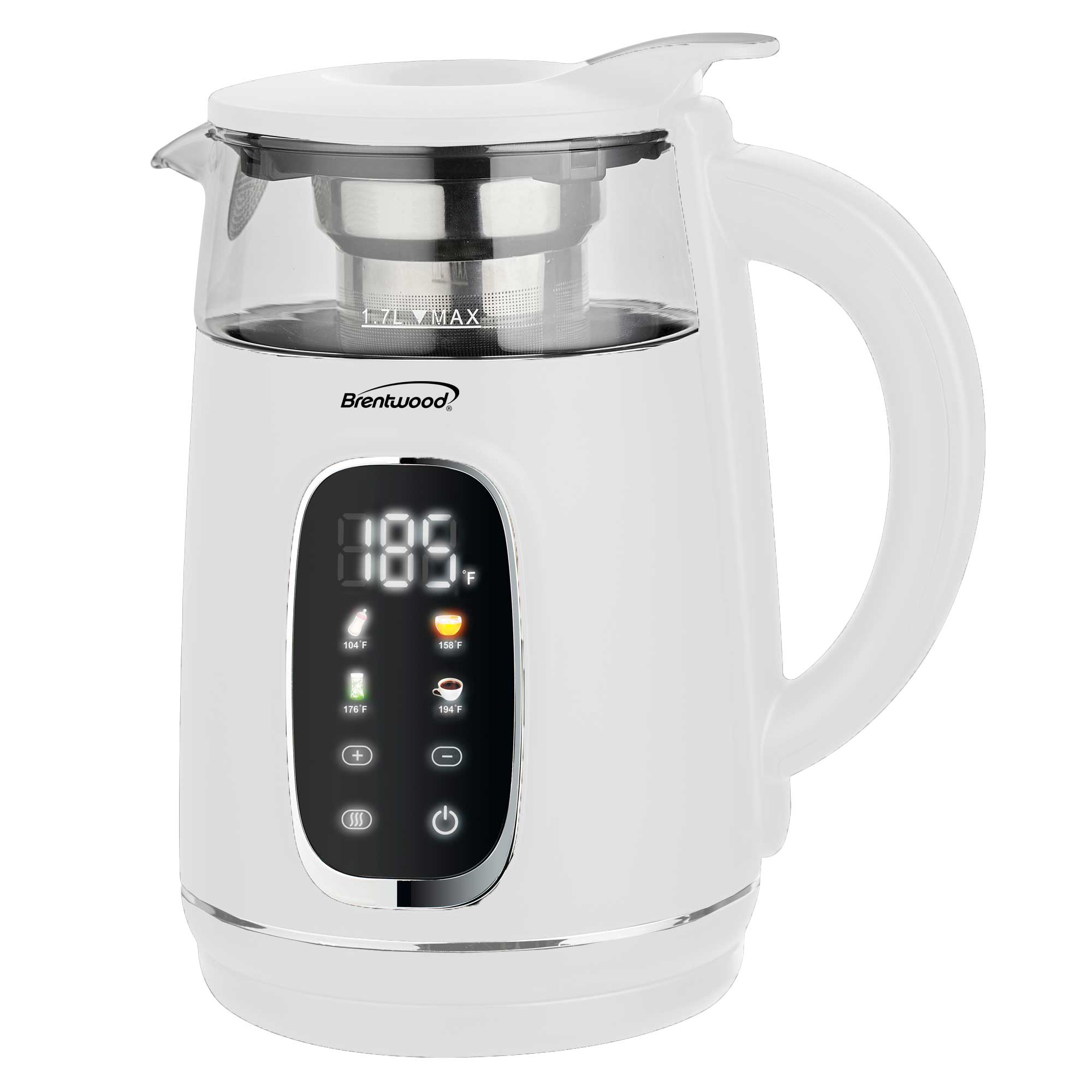 Brentwood KT-2018W 1100W 1.7L BPA Free Cordless Digital Glass Electric Kettle with Tea Infuser, 360° Base, Auto Shut-Off, Keep Warm, Boil Dry Protection, and Temperature Control with 4 Presets, White