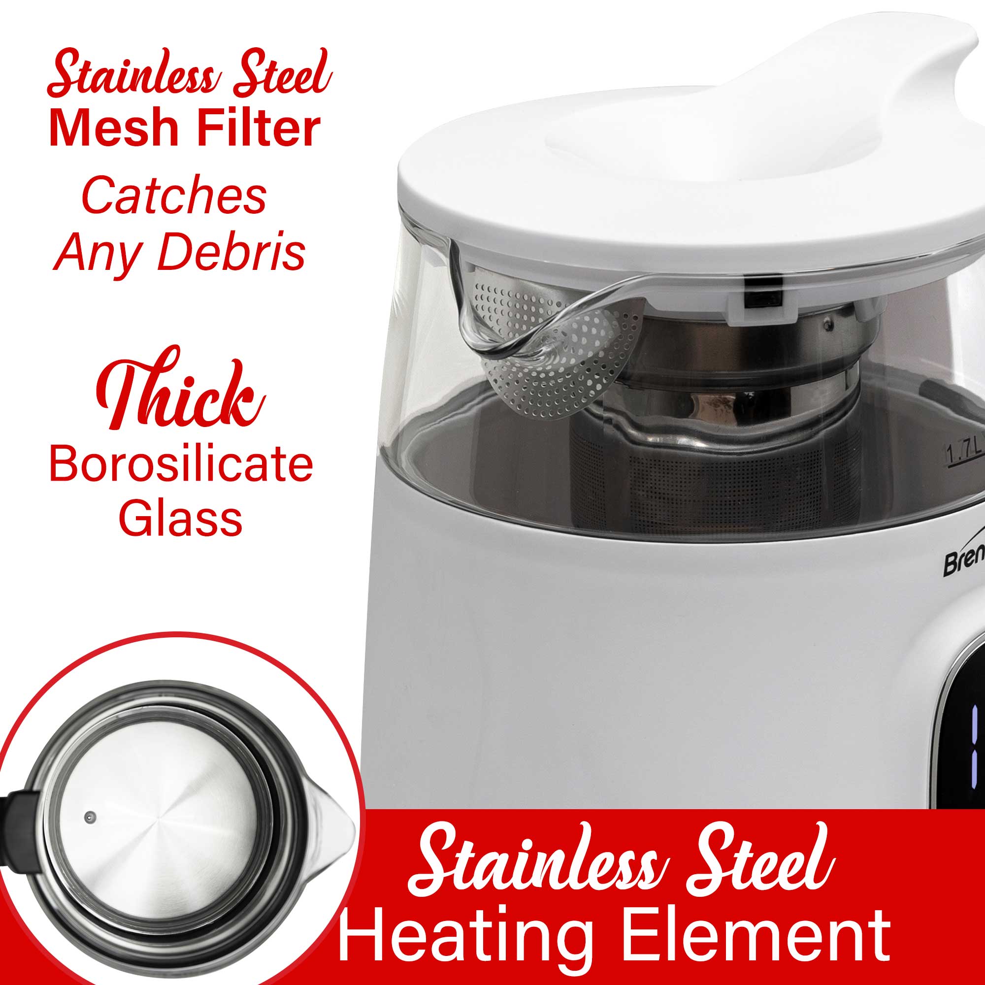 Brentwood KT-2018W 1100W 1.7L BPA Free Cordless Digital Glass Electric Kettle with Tea Infuser, 360° Base, Auto Shut-Off, Keep Warm, Boil Dry Protection, and Temperature Control with 4 Presets, White