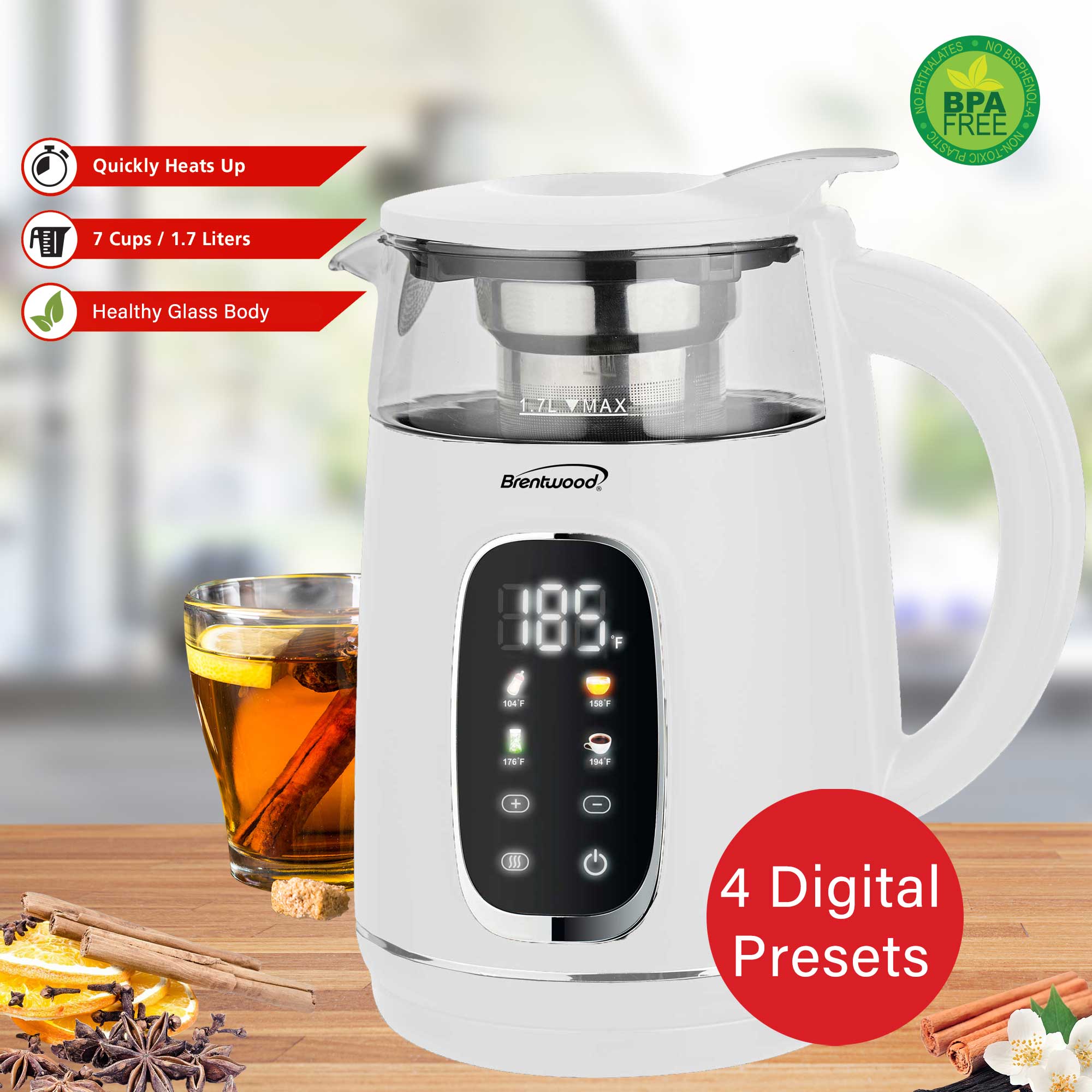 Brentwood KT-2018W 1100W 1.7L BPA Free Cordless Digital Glass Electric Kettle with Tea Infuser, 360° Base, Auto Shut-Off, Keep Warm, Boil Dry Protection, and Temperature Control with 4 Presets, White