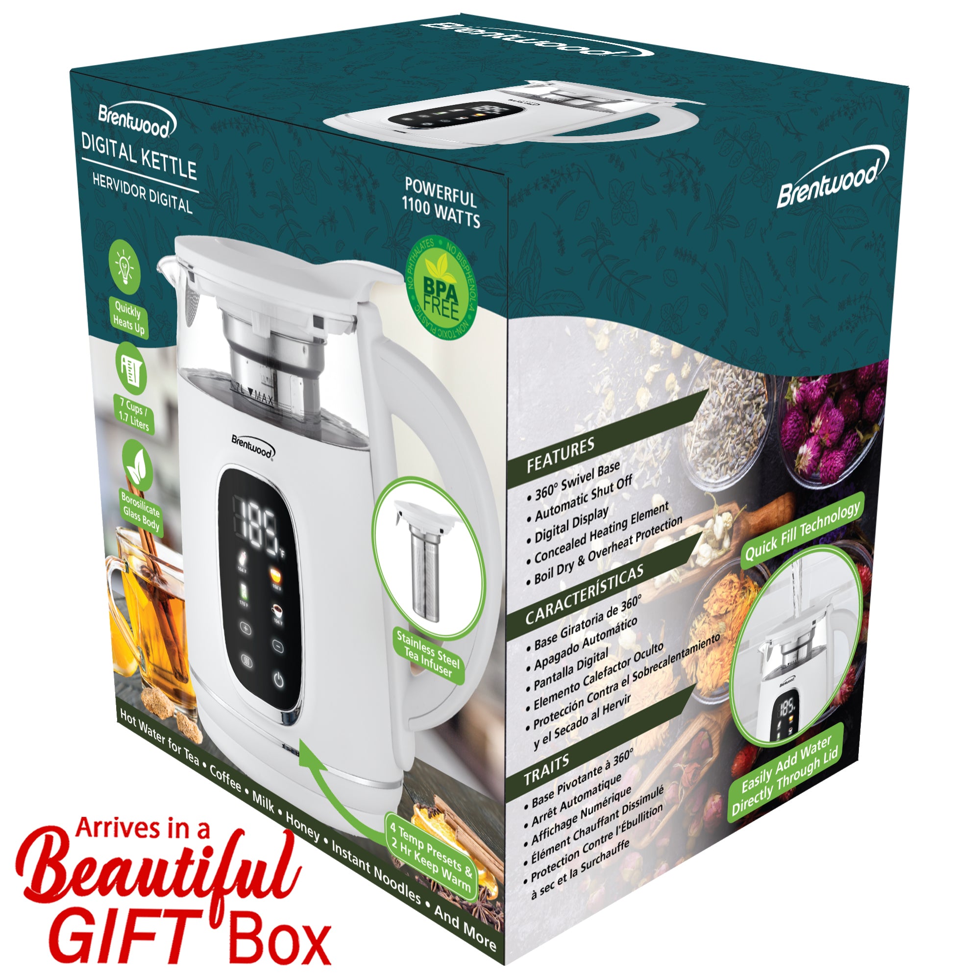 Brentwood KT-2018W 1100W 1.7L BPA Free Cordless Digital Glass Electric Kettle with Tea Infuser, 360° Base, Auto Shut-Off, Keep Warm, Boil Dry Protection, and Temperature Control with 4 Presets, White