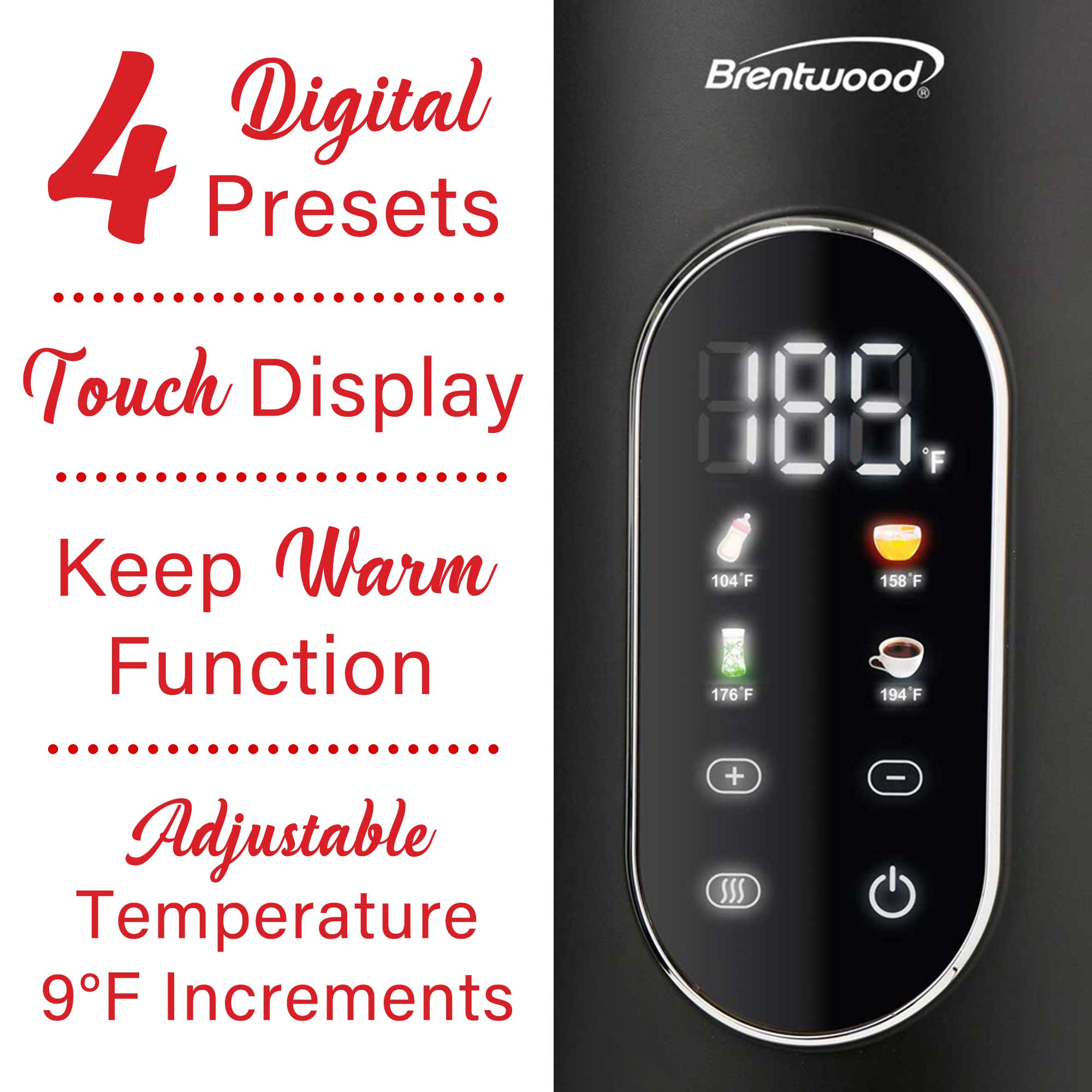 Brentwood KT-2014DBK 1100W 1.7L BPA Free Cordless Cool Touch Digital Electric Kettle with Stainless Steel Interior, Temperature Control with 4 Presets, 360° Base, Auto Shut-Off, Keep Warm, and Boil Dry Protection, Black