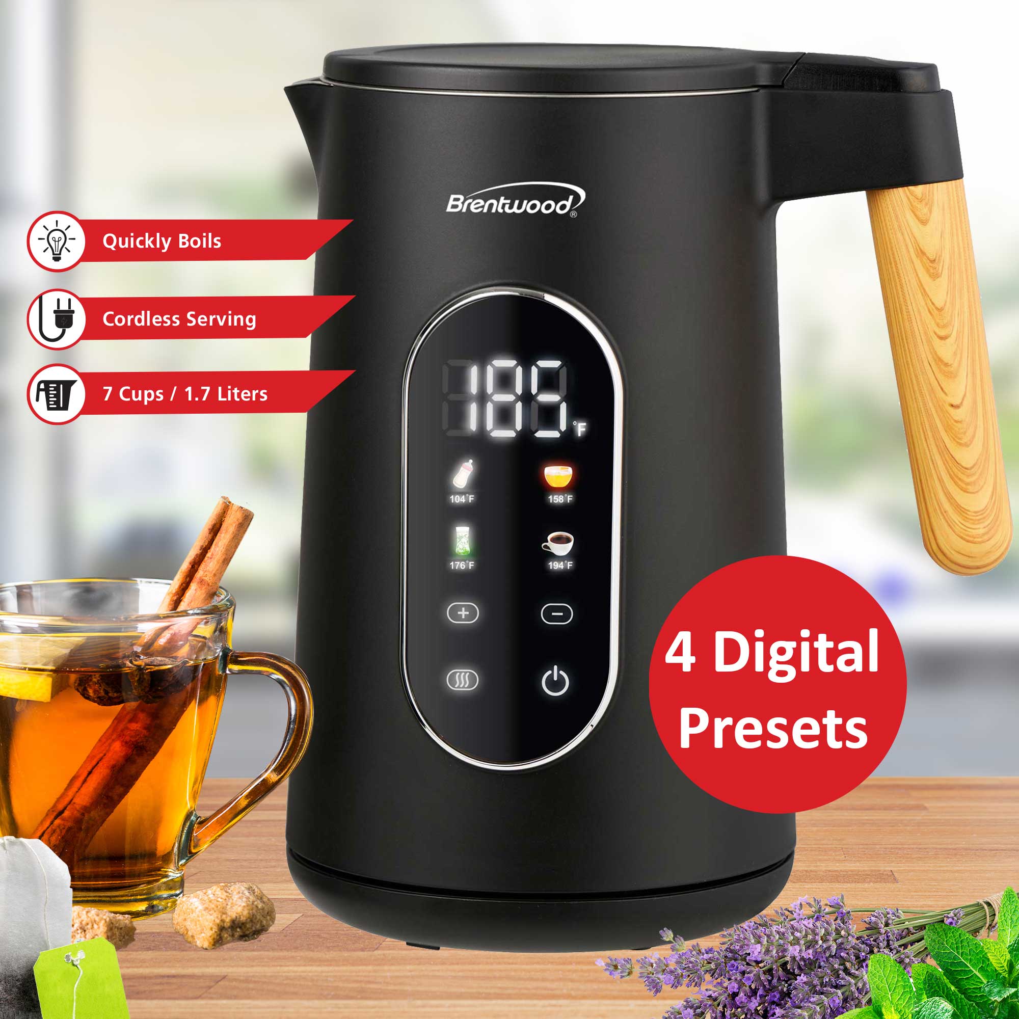 Brentwood KT-2014DBK 1100W 1.7L BPA Free Cordless Cool Touch Digital Electric Kettle with Stainless Steel Interior, Temperature Control with 4 Presets, 360° Base, Auto Shut-Off, Keep Warm, and Boil Dry Protection, Black