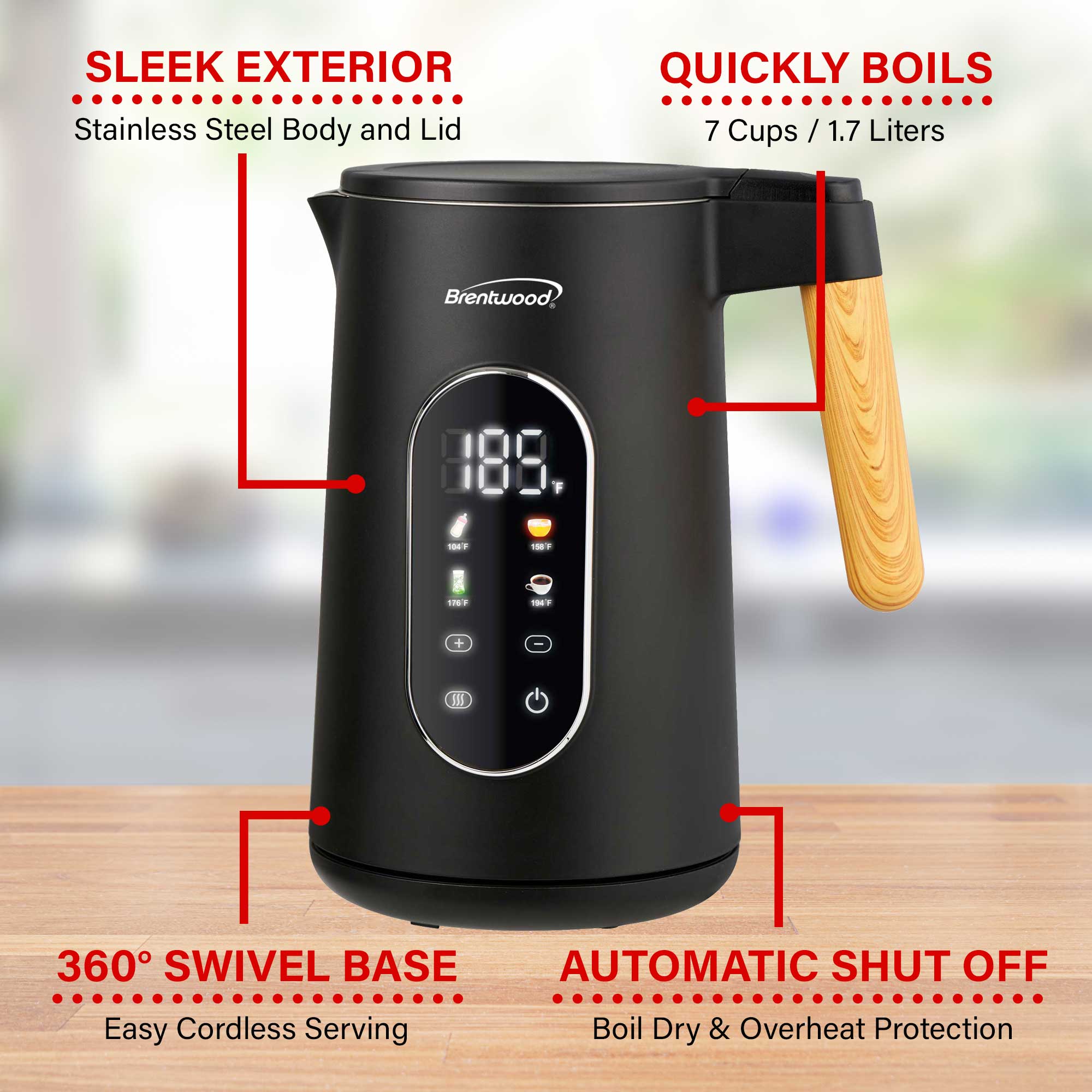 Brentwood KT-2014DBK 1100W 1.7L BPA Free Cordless Cool Touch Digital Electric Kettle with Stainless Steel Interior, Temperature Control with 4 Presets, 360° Base, Auto Shut-Off, Keep Warm, and Boil Dry Protection, Black