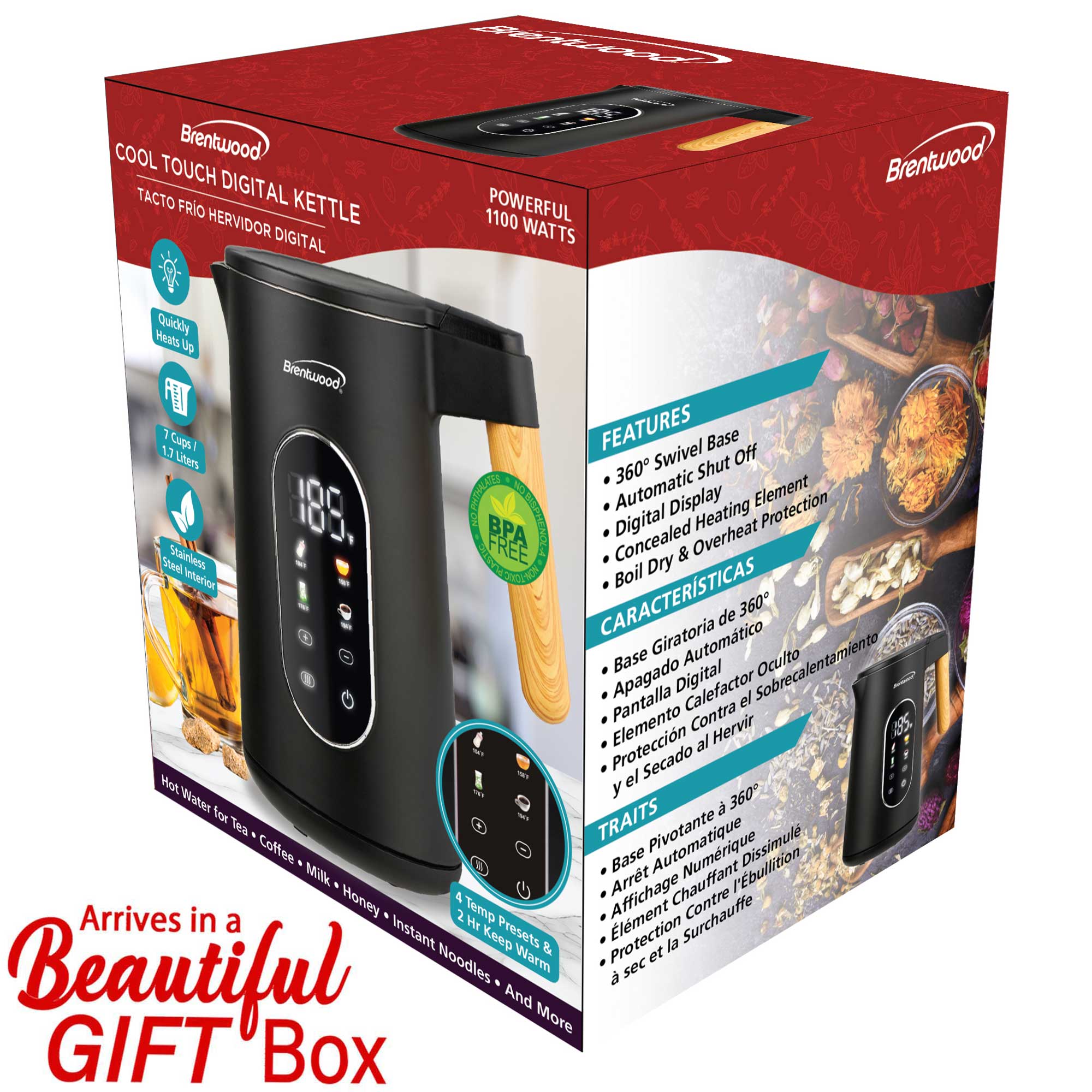 Brentwood KT-2014DBK 1100W 1.7L BPA Free Cordless Cool Touch Digital Electric Kettle with Stainless Steel Interior, Temperature Control with 4 Presets, 360° Base, Auto Shut-Off, Keep Warm, and Boil Dry Protection, Black