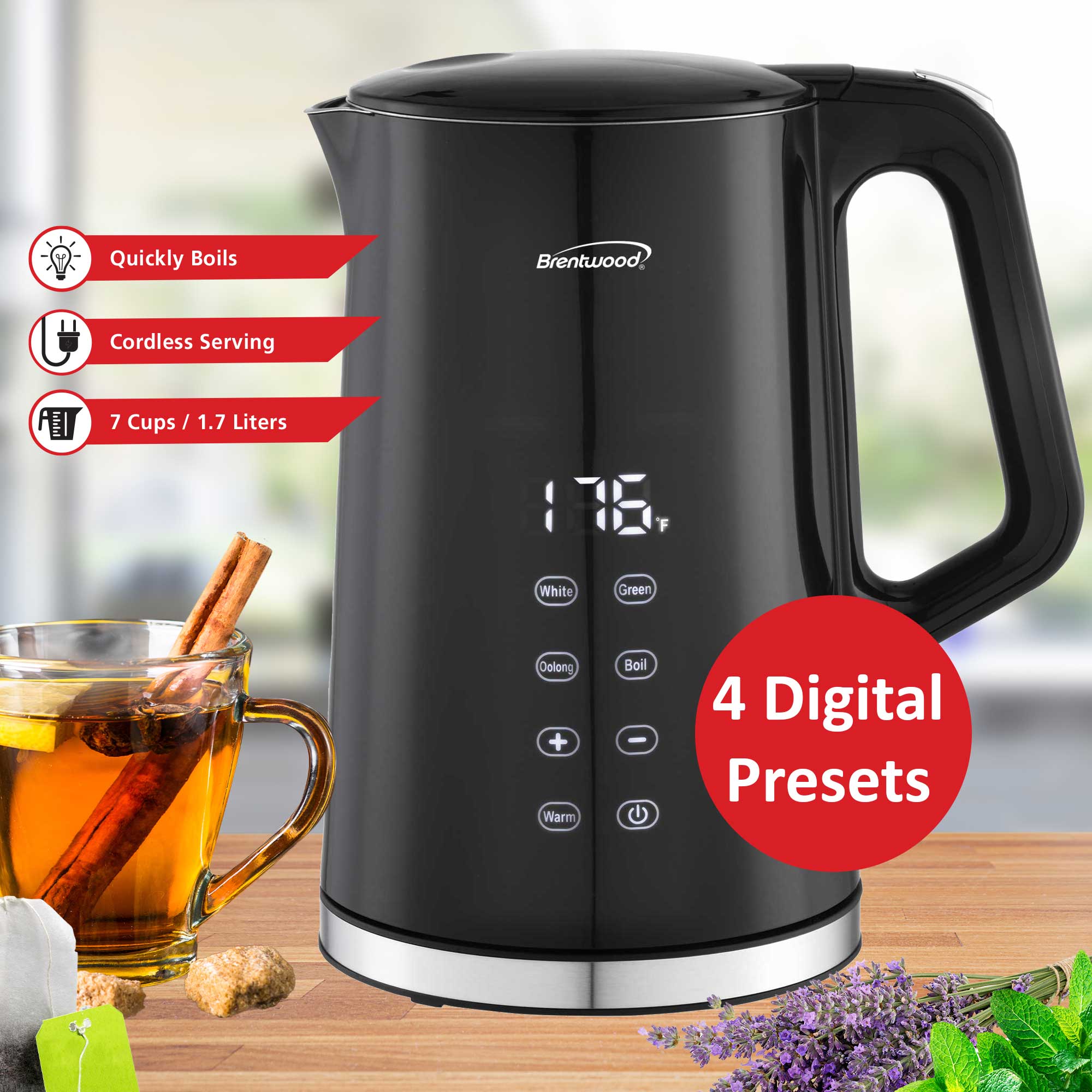 Brentwood KT-2015DBK 1100W 1.7L BPA Free Cordless Cool Touch Digital Electric Kettle with Stainless Steel Interior, Temperature Control with 4 Presets, 360° Base, Auto Shut-Off, Keep Warm, and Boil Dry Protection, Black