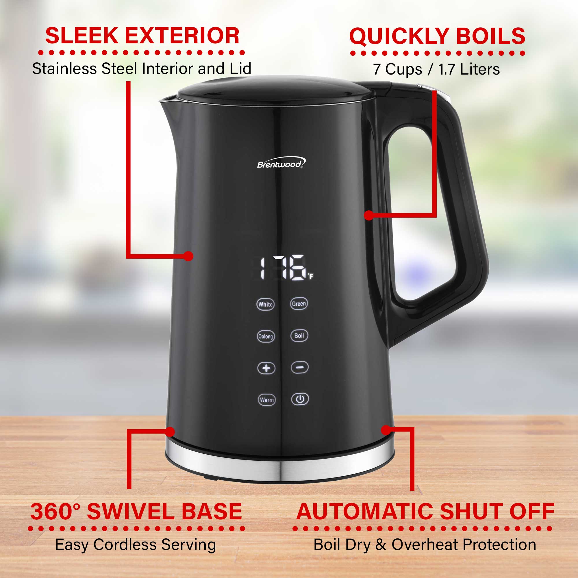 Brentwood KT-2015DBK 1100W 1.7L BPA Free Cordless Cool Touch Digital Electric Kettle with Stainless Steel Interior, Temperature Control with 4 Presets, 360° Base, Auto Shut-Off, Keep Warm, and Boil Dry Protection, Black