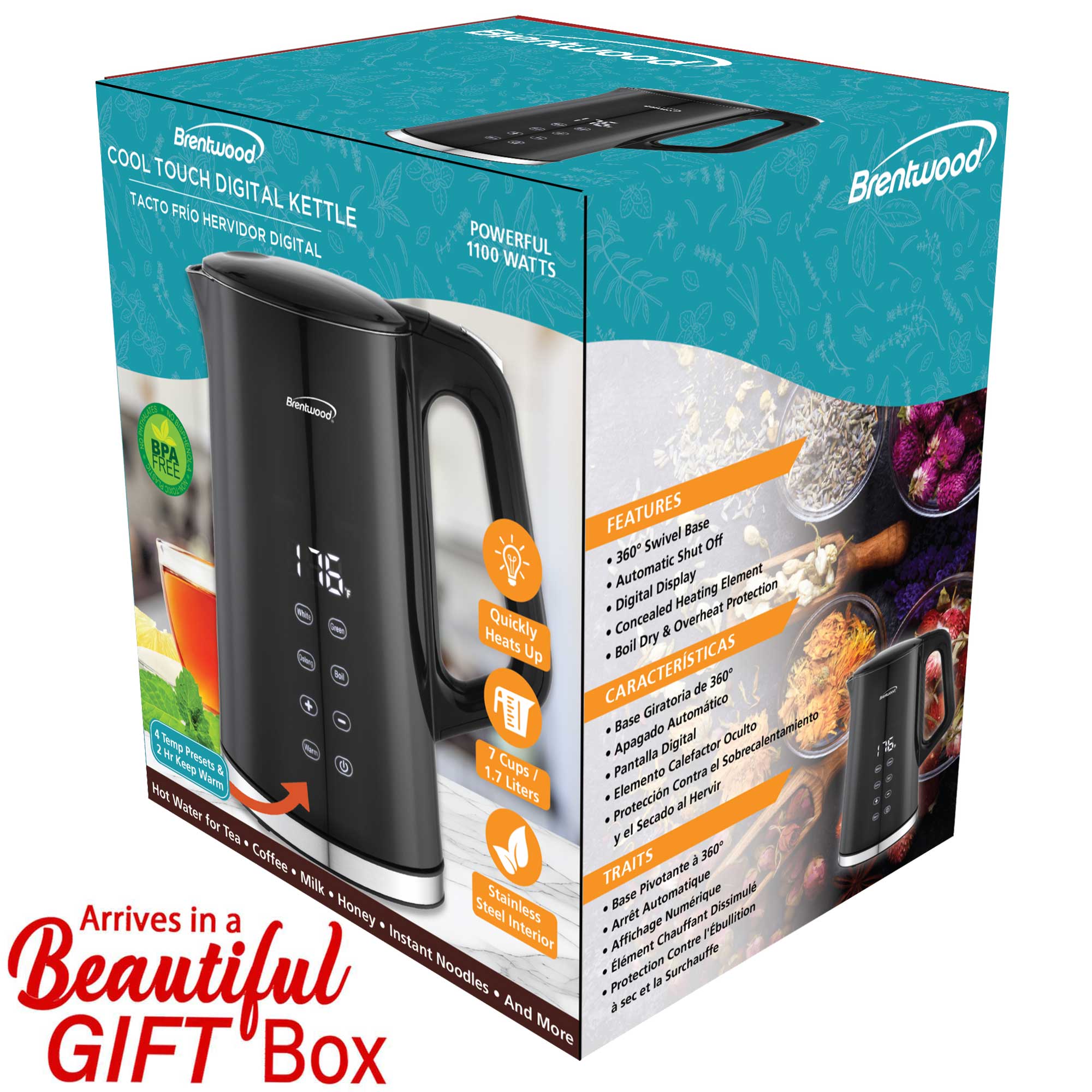 Brentwood KT-2015DBK 1100W 1.7L BPA Free Cordless Cool Touch Digital Electric Kettle with Stainless Steel Interior, Temperature Control with 4 Presets, 360° Base, Auto Shut-Off, Keep Warm, and Boil Dry Protection, Black