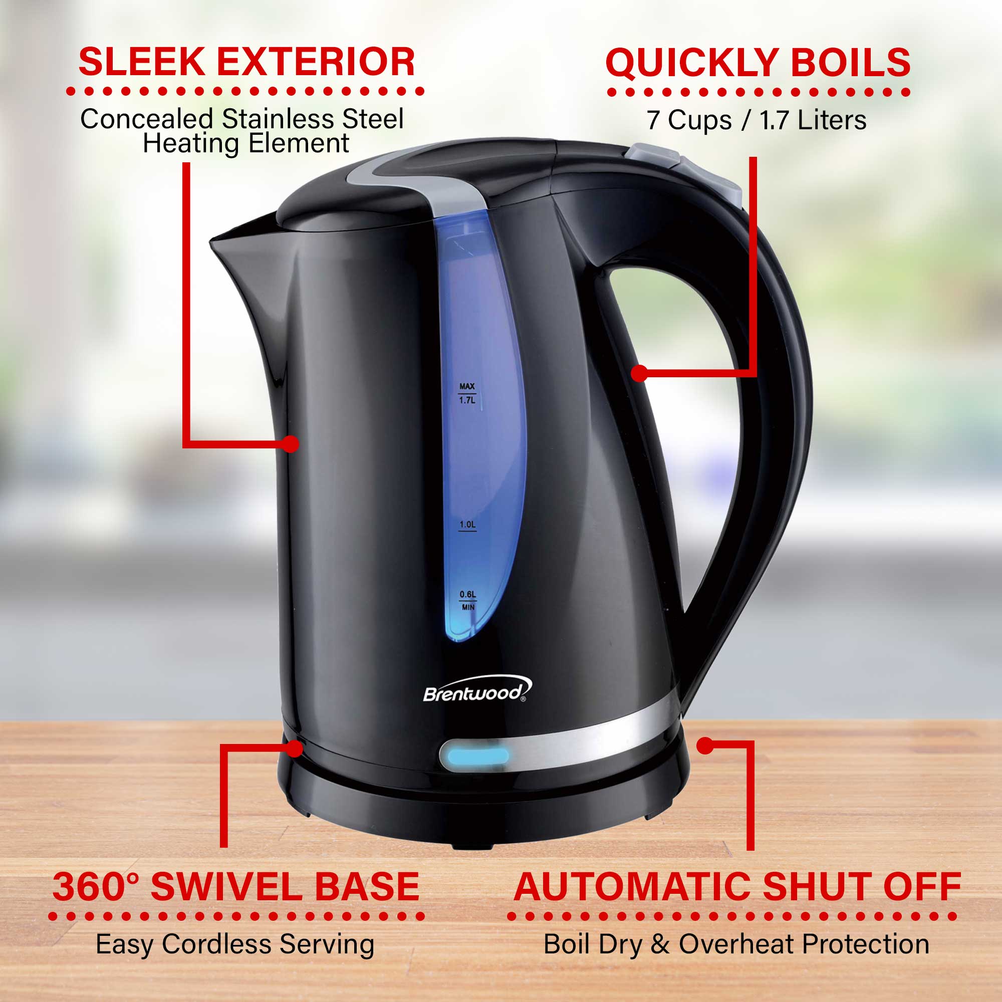 Brentwood KT-1616BK 1100W 1.7L BPA Free Cordless Electric Kettle with Concealed Stainless Steel Heating Element, 360° Base, Auto Shut Off, and Boil Dry Protection, Black
