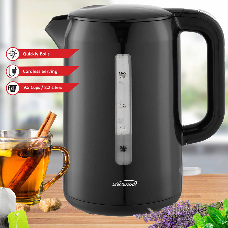 Brentwood KT-1622BK 1100W 2.2L BPA Free Cordless Electric Kettle with Concealed Stainless Steel Heating Element, 360° Base, Auto Shut Off, and Boil Dry Protection, Black