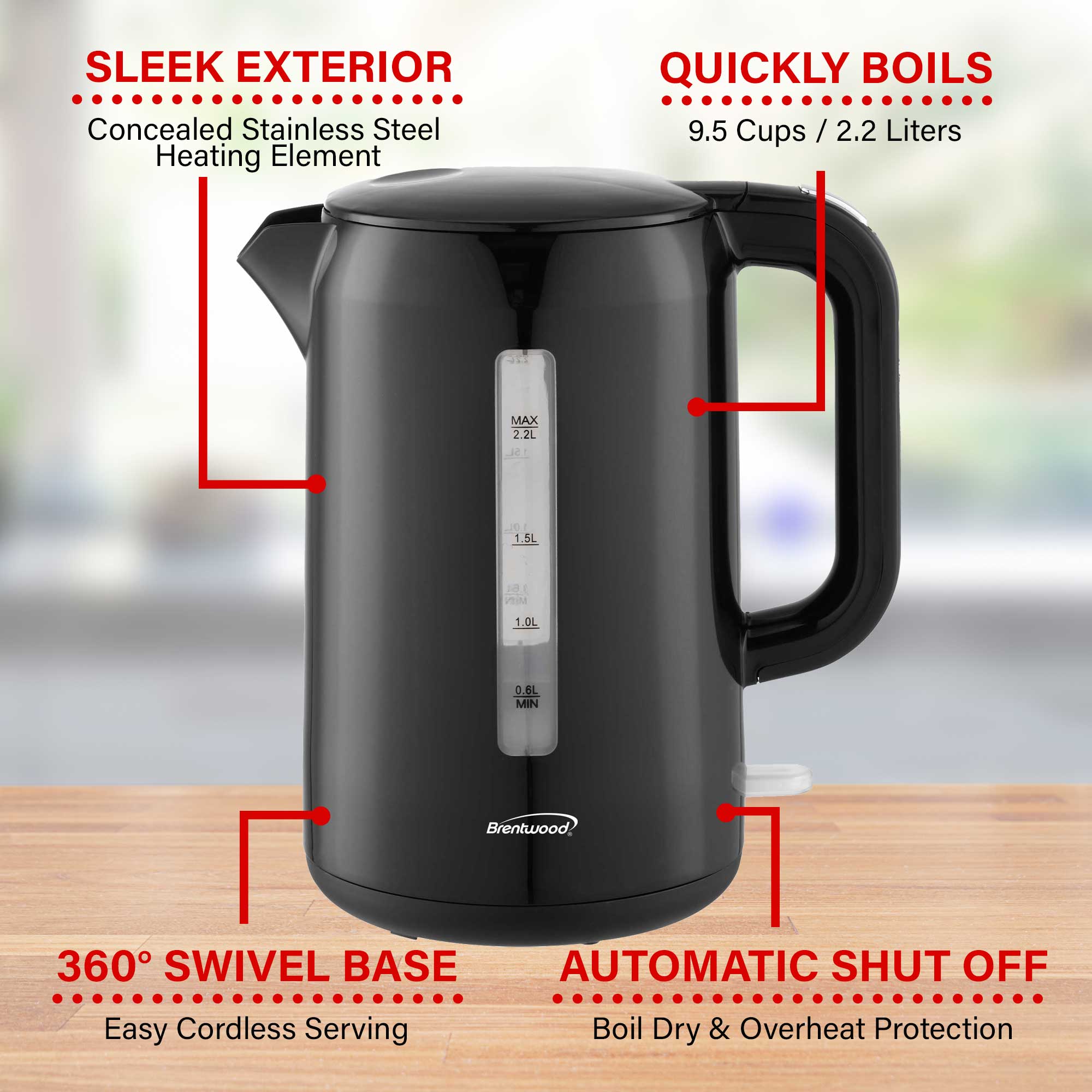 Brentwood KT-1622BK 1100W 2.2L BPA Free Cordless Electric Kettle with Concealed Stainless Steel Heating Element, 360° Base, Auto Shut Off, and Boil Dry Protection, Black