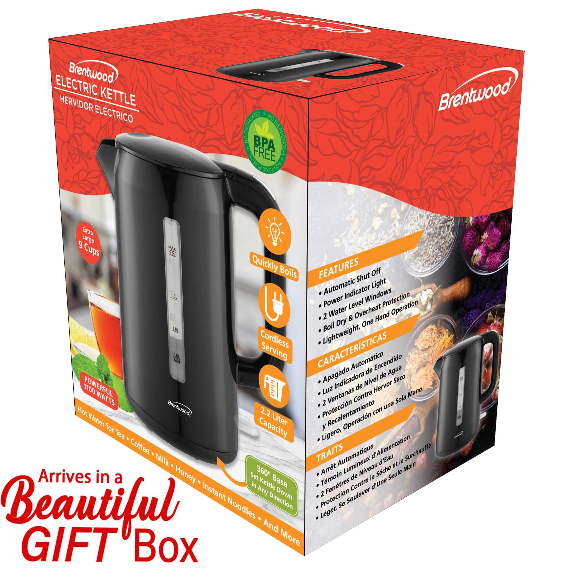 Brentwood KT-1622BK 1100W 2.2L BPA Free Cordless Electric Kettle with Concealed Stainless Steel Heating Element, 360° Base, Auto Shut Off, and Boil Dry Protection, Black