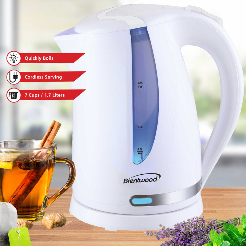 Brentwood KT-1616W 1100W 1.7L BPA Free Cordless Electric Kettle with Concealed Stainless Steel Heating Element, 360° Base, Auto Shut Off, and Boil Dry Protection, White