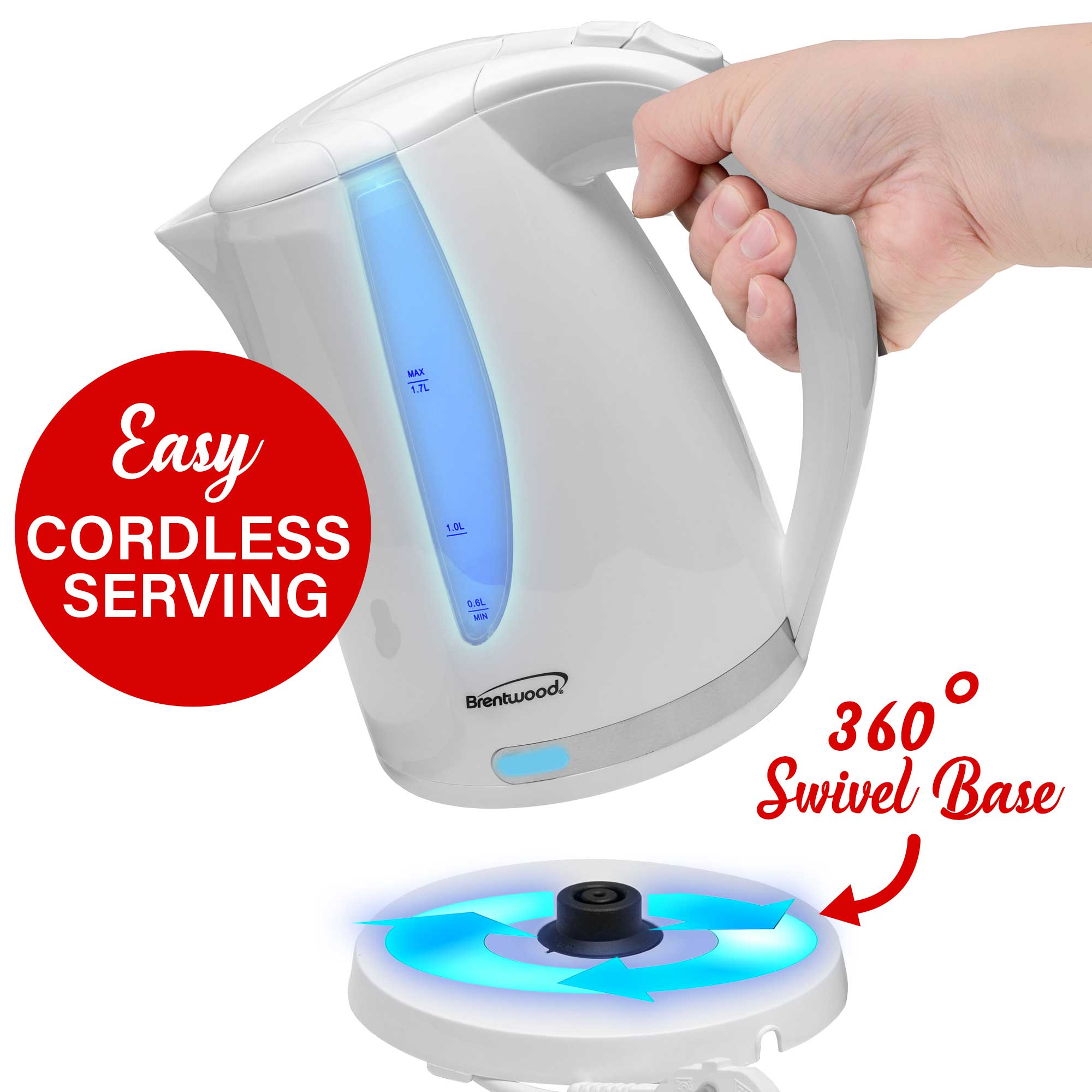 Brentwood KT-1616W 1100W 1.7L BPA Free Cordless Electric Kettle with Concealed Stainless Steel Heating Element, 360° Base, Auto Shut Off, and Boil Dry Protection, White