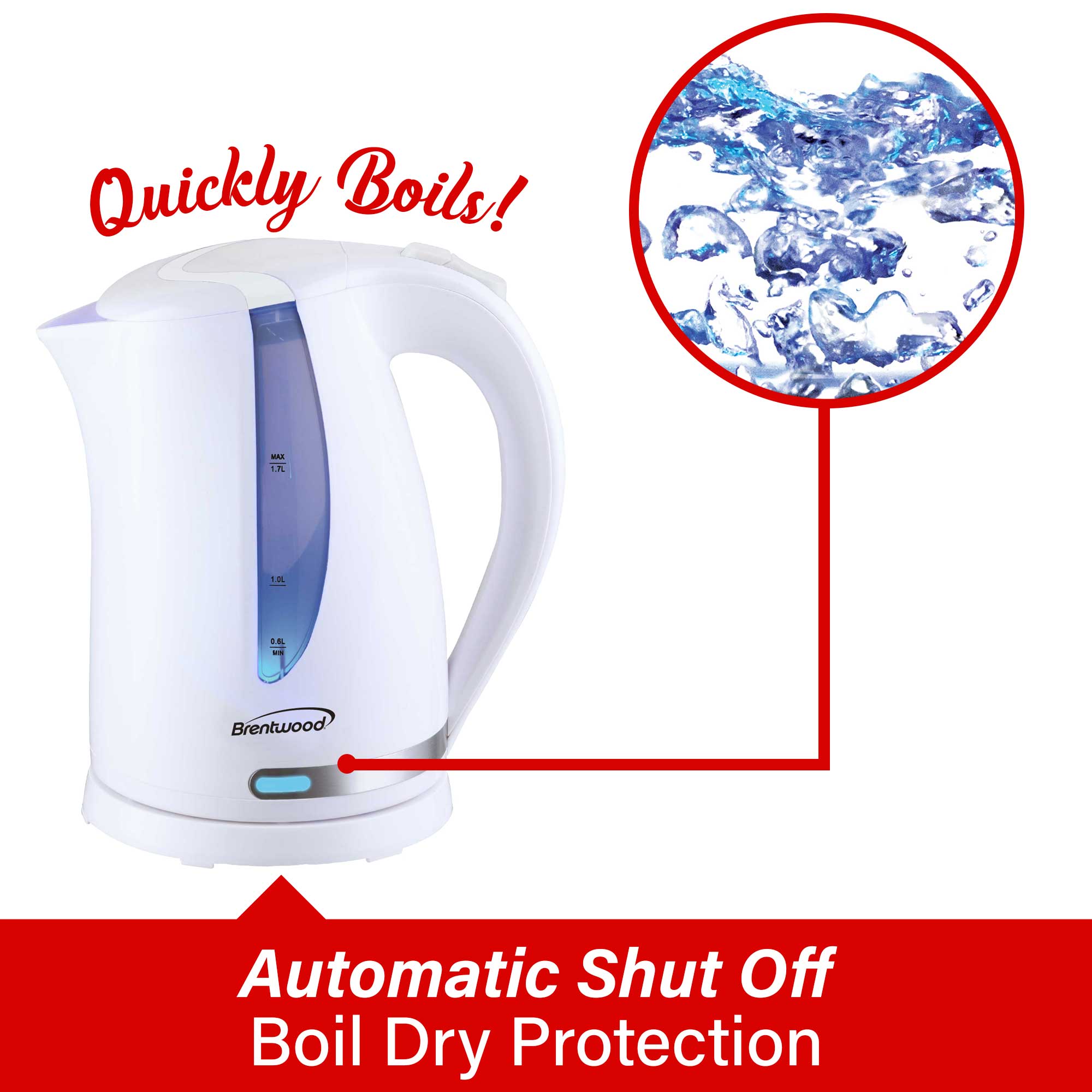 Brentwood KT-1616W 1100W 1.7L BPA Free Cordless Electric Kettle with Concealed Stainless Steel Heating Element, 360° Base, Auto Shut Off, and Boil Dry Protection, White