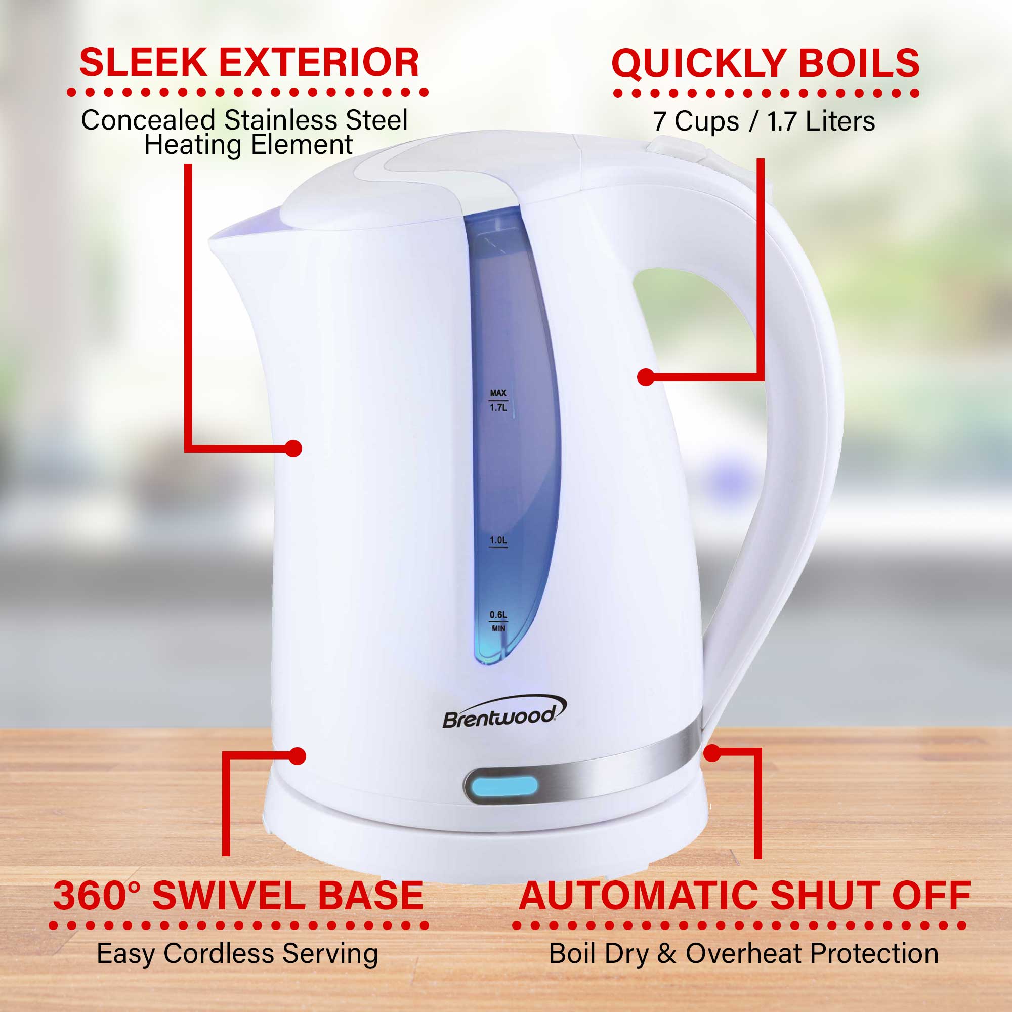 Brentwood KT-1616W 1100W 1.7L BPA Free Cordless Electric Kettle with Concealed Stainless Steel Heating Element, 360° Base, Auto Shut Off, and Boil Dry Protection, White