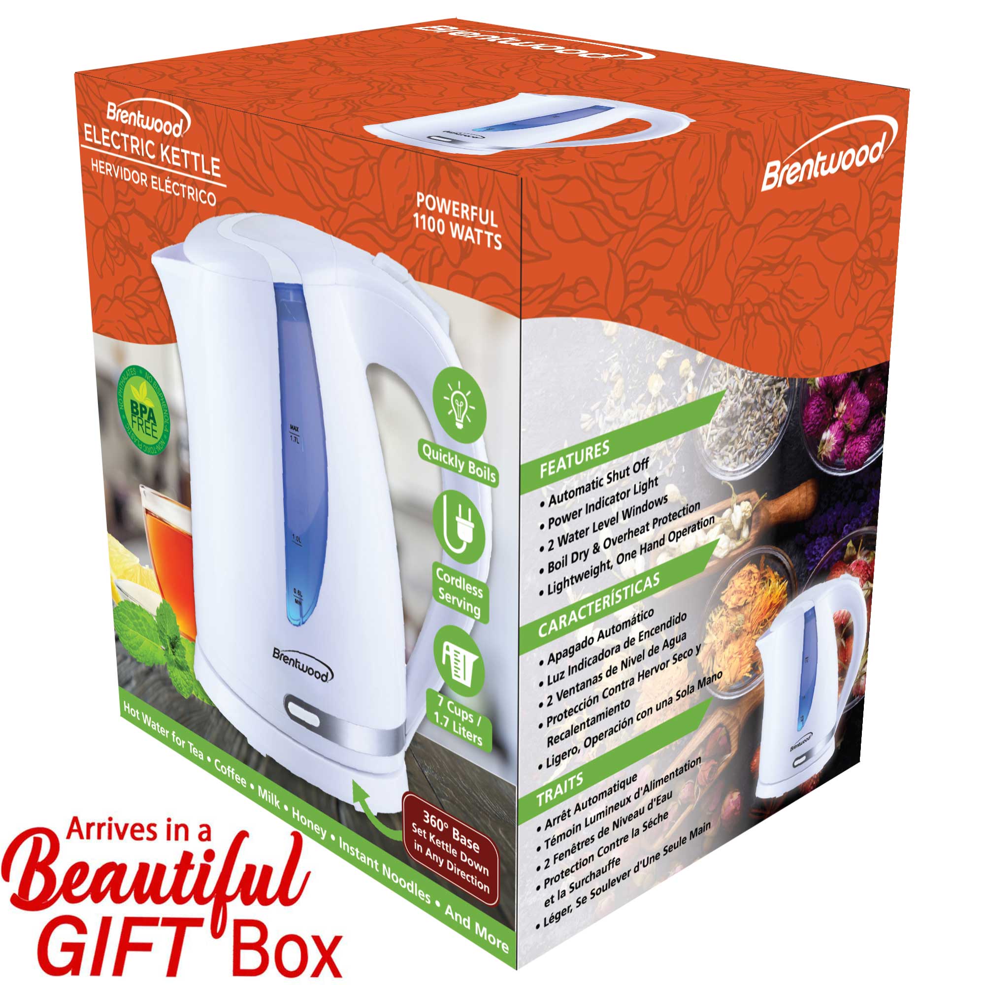 Brentwood KT-1616W 1100W 1.7L BPA Free Cordless Electric Kettle with Concealed Stainless Steel Heating Element, 360° Base, Auto Shut Off, and Boil Dry Protection, White