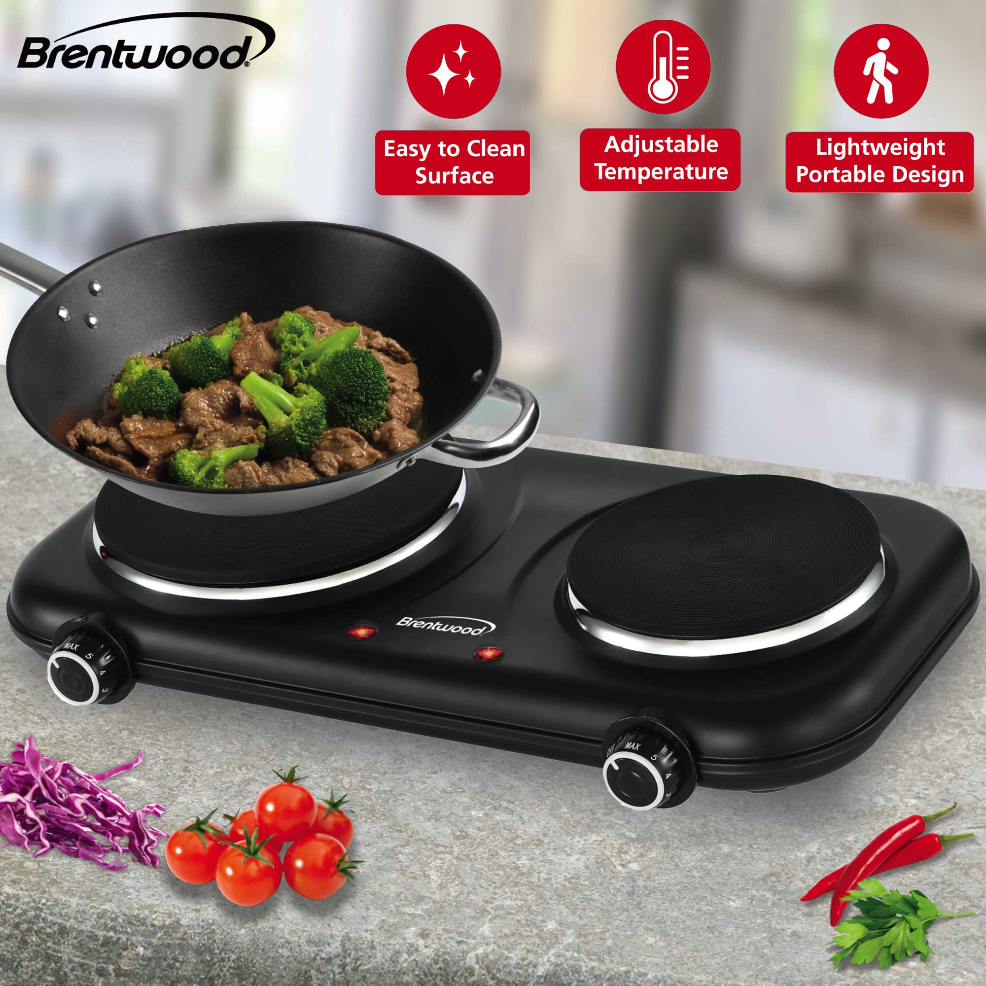 Brentwood TS-332BK 1800w Countertop Double Cast Iron Burner Electric Hot Plates with Temperature Control and Power Indicator Light, Easy to Clean, Black