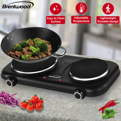 Brentwood TS-332BK 1100w Countertop Double Cast Iron Burner Electric Hot Plates with Temperature Control and Power Indicator Light, Easy to Clean, Black