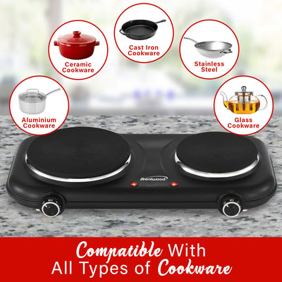Brentwood TS-332BK 1100w Countertop Double Cast Iron Burner Electric Hot Plates with Temperature Control and Power Indicator Light, Easy to Clean, Black