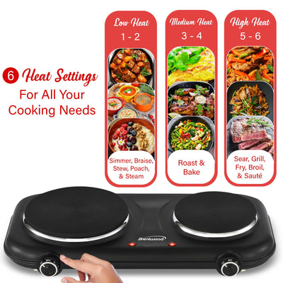 Brentwood TS-332BK 1100w Countertop Double Cast Iron Burner Electric Hot Plates with Temperature Control and Power Indicator Light, Easy to Clean, Black