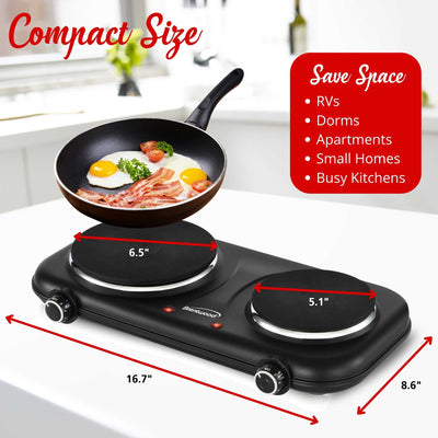 Brentwood TS-332BK 1100w Countertop Double Cast Iron Burner Electric Hot Plates with Temperature Control and Power Indicator Light, Easy to Clean, Black